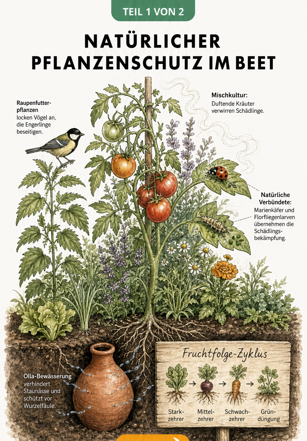 Illustration eines Gemüsebeets mit Tomaten, Olla-Bewässerung, Kräutern als Mischkultur und Nützlingen wie Marienkäfer und Florfliegenlarven