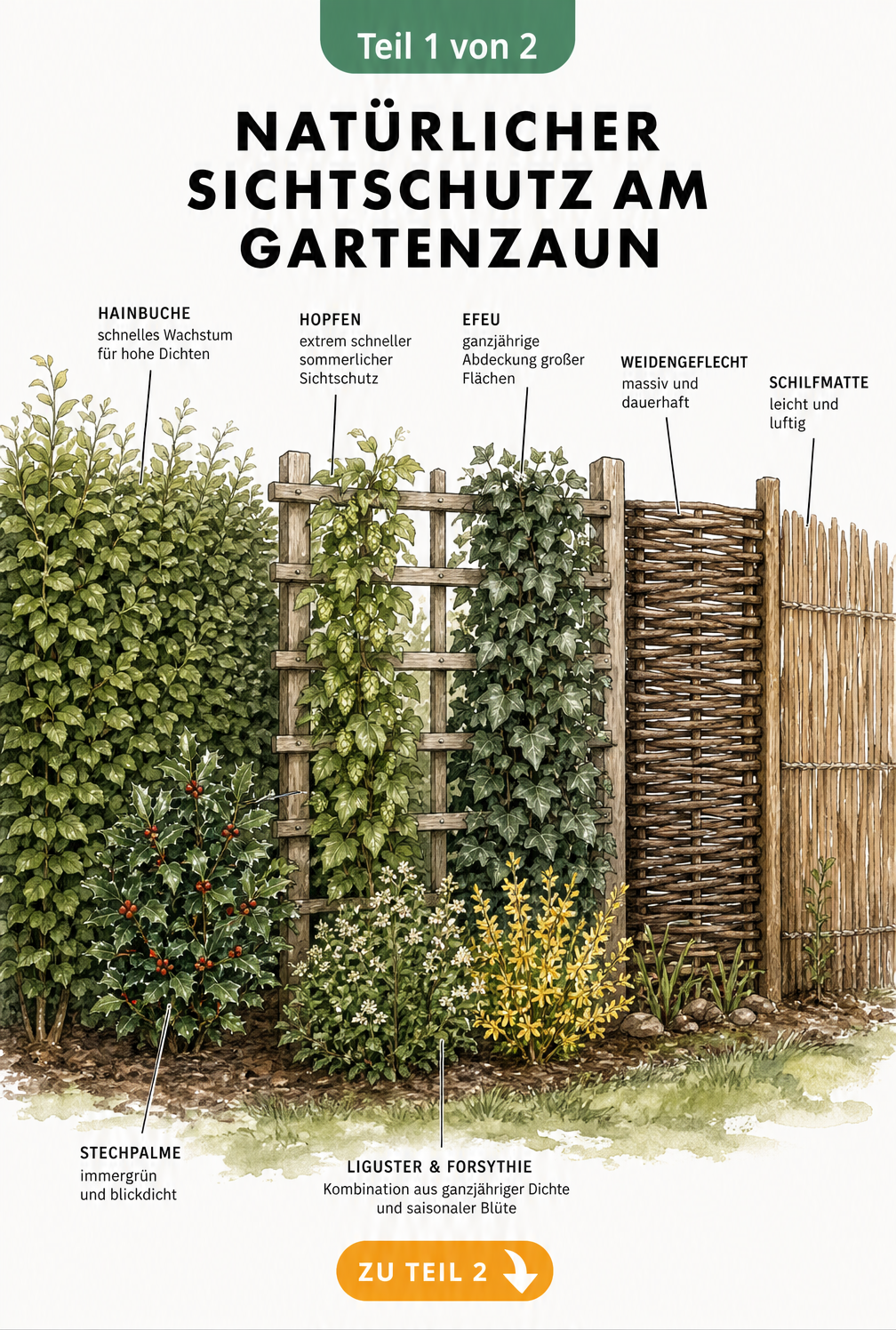 Illustration eines natürlichen Sichtschutzes mit Hecke, Holzspalier und Naturmaterialien