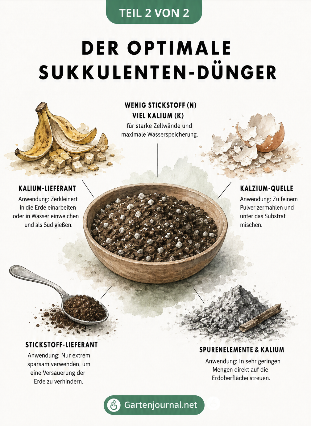 Illustration einer Holzschale mit Sukkulenten-Erde und natürlichen Dünger-Zutaten wie Bananenschale, Eierschalen, Kaffeesatz und Holzasche