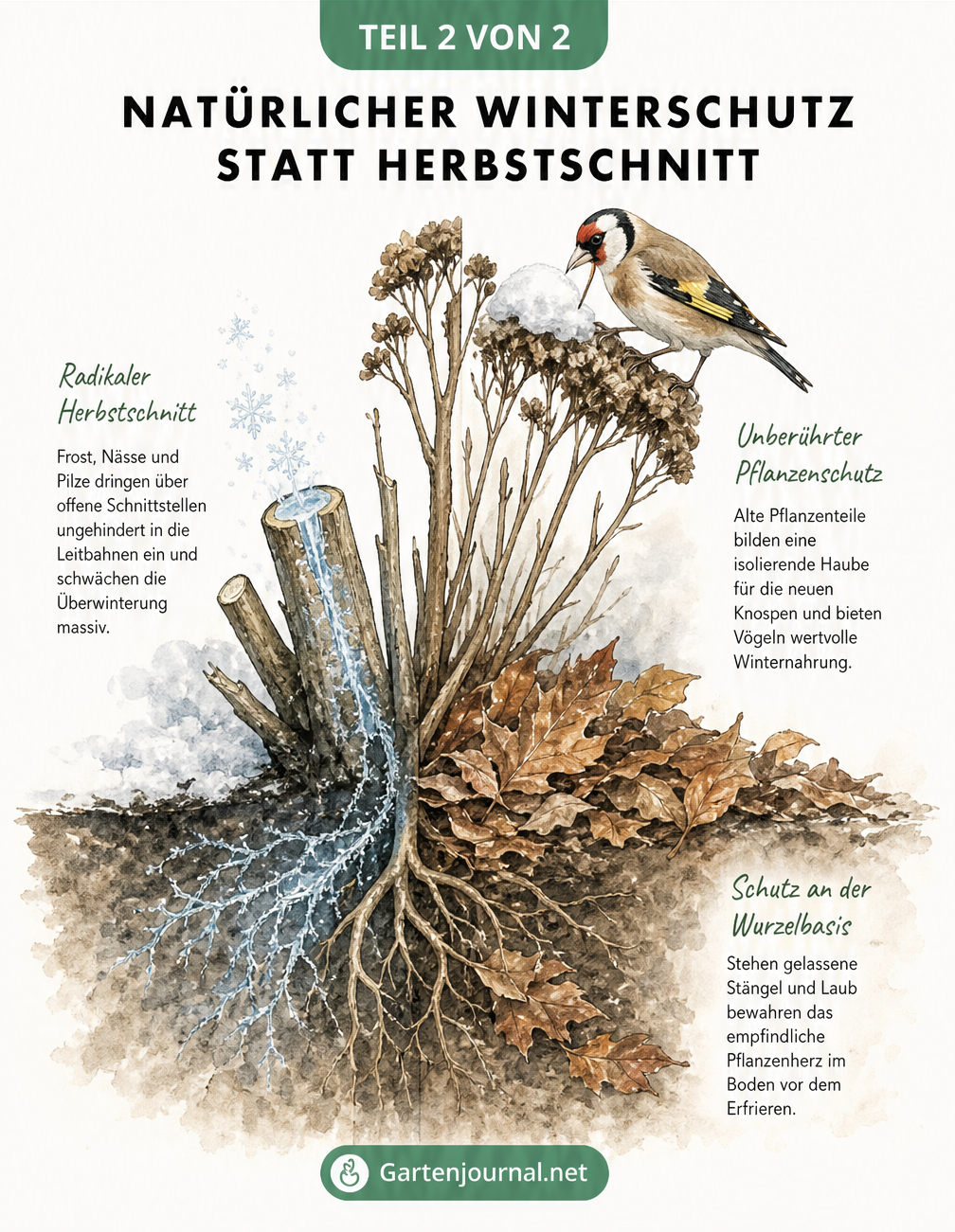 Aquarell-Illustration einer Staude im Winter: links mit schädlichem Herbstschnitt und Frostschäden, rechts ungeschnitten als natürlicher Winterschutz