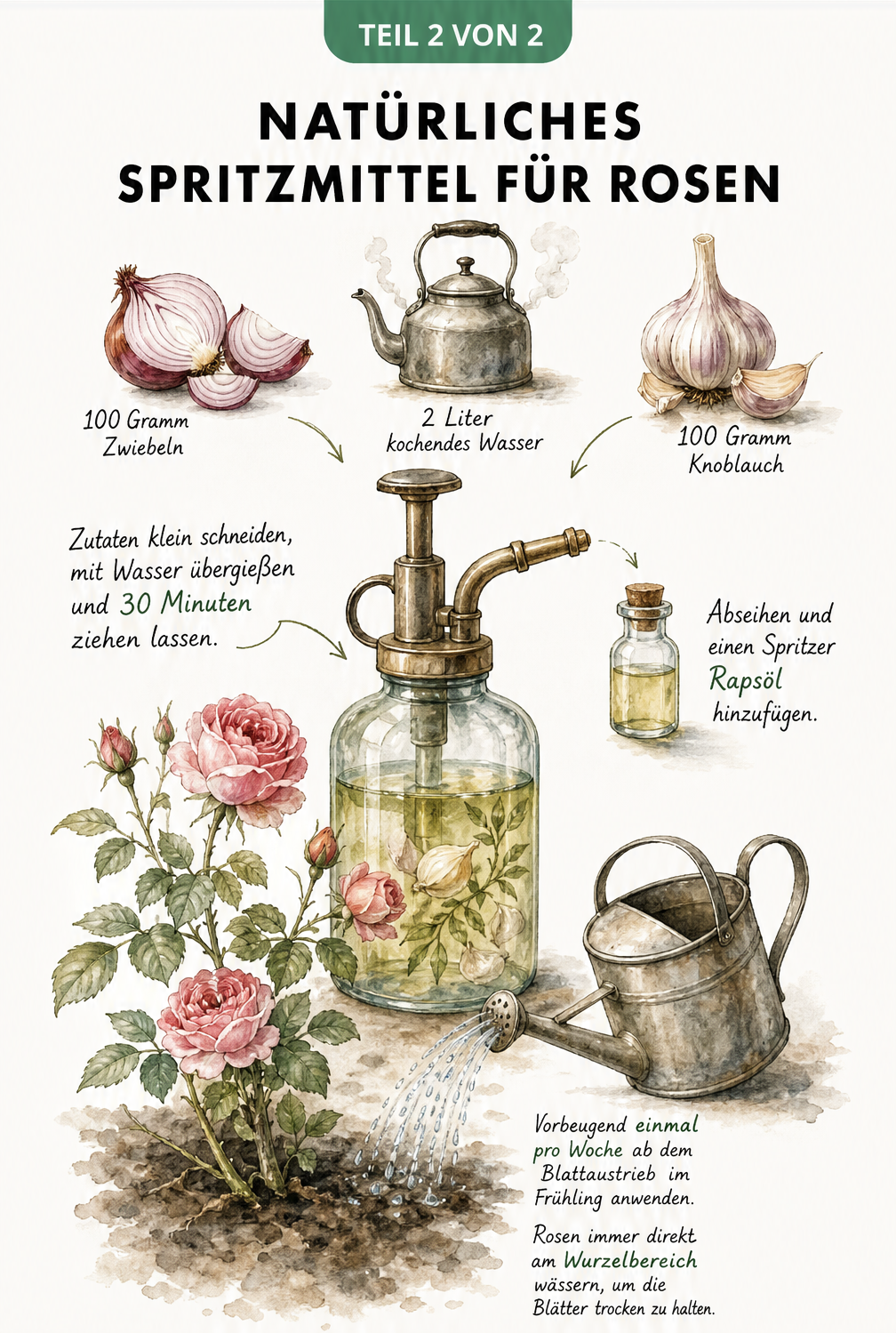 Aquarell-Illustration einer Apotheker-Sprühflasche mit Zwiebeln, Knoblauch und einer Gießkanne zur Herstellung eines natürlichen Spritzmittels für Rosen.
