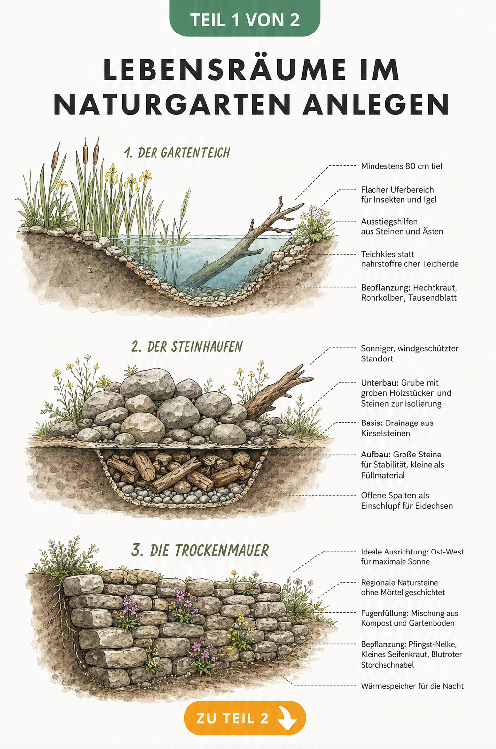 Schnittzeichnungen von Gartenteich, Steinhaufen und Trockenmauer im Naturgarten