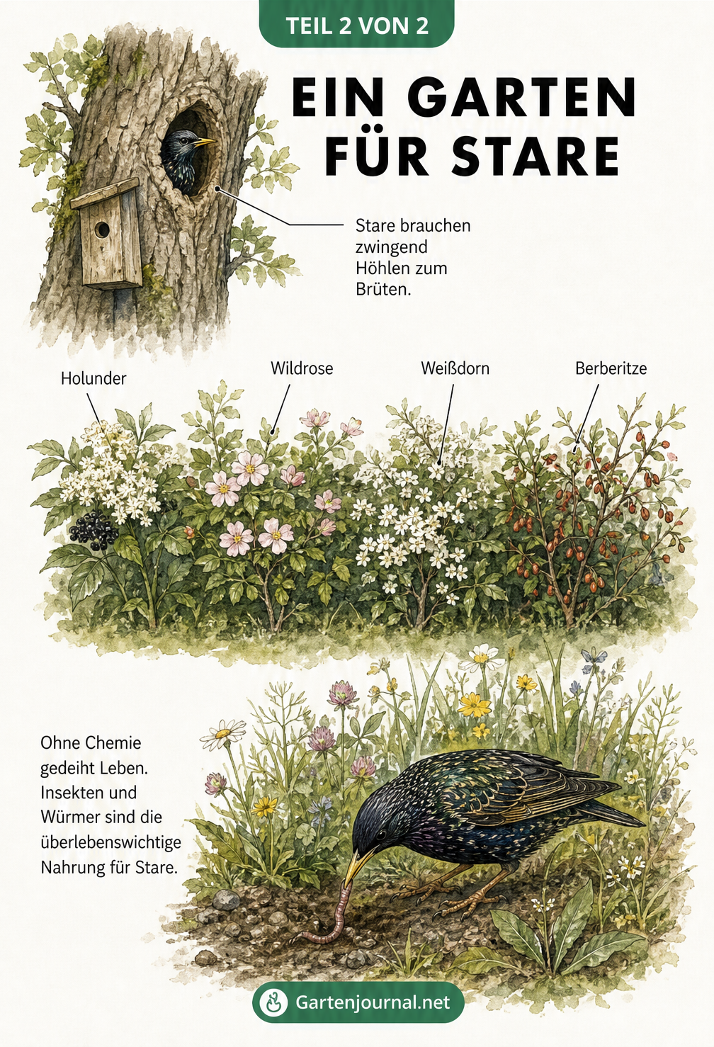 Querschnitt eines naturnahen Gartens mit Nistkasten, Hecke und Wildblumenwiese für Stare