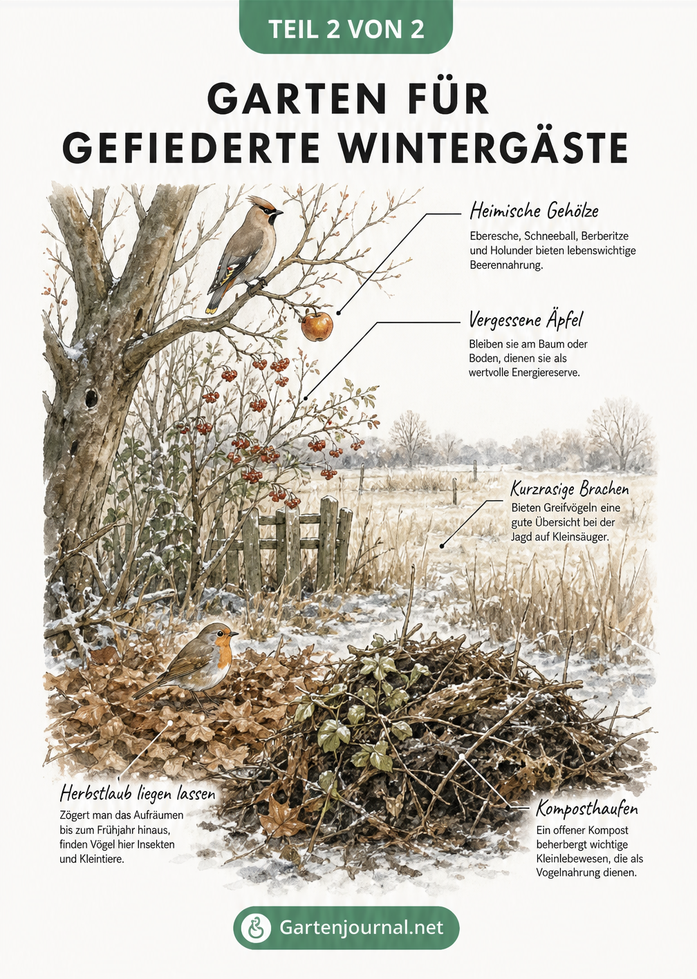 Querschnitt eines naturnahen Wintergartens mit Vögeln, die an Beeren, Äpfeln, Laub und Kompost Nahrung finden.