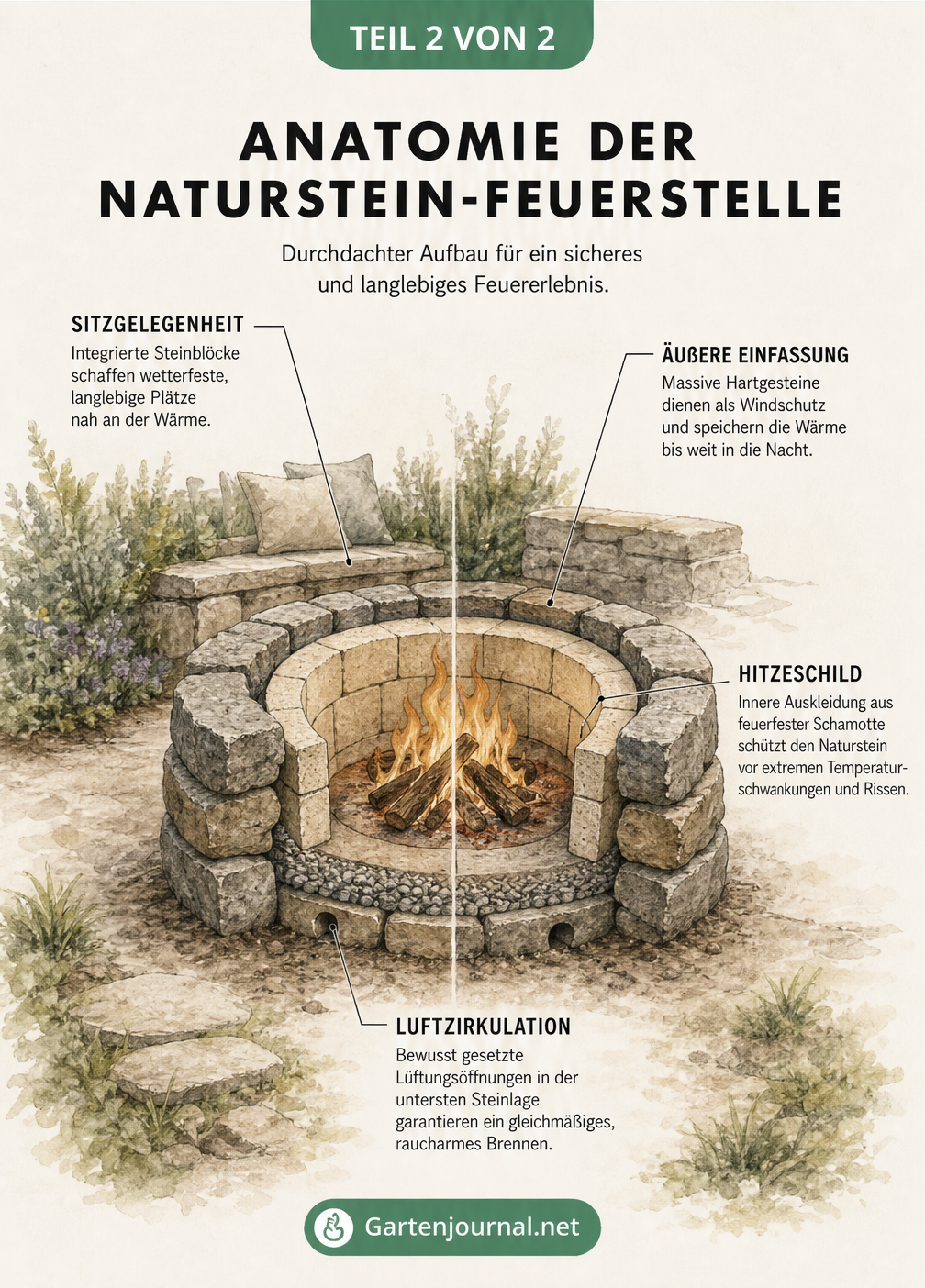 Querschnittszeichnung einer Naturstein-Feuerstelle mit Details zu äußerer Einfassung, Hitzeschild aus Schamotte und Luftzirkulation.