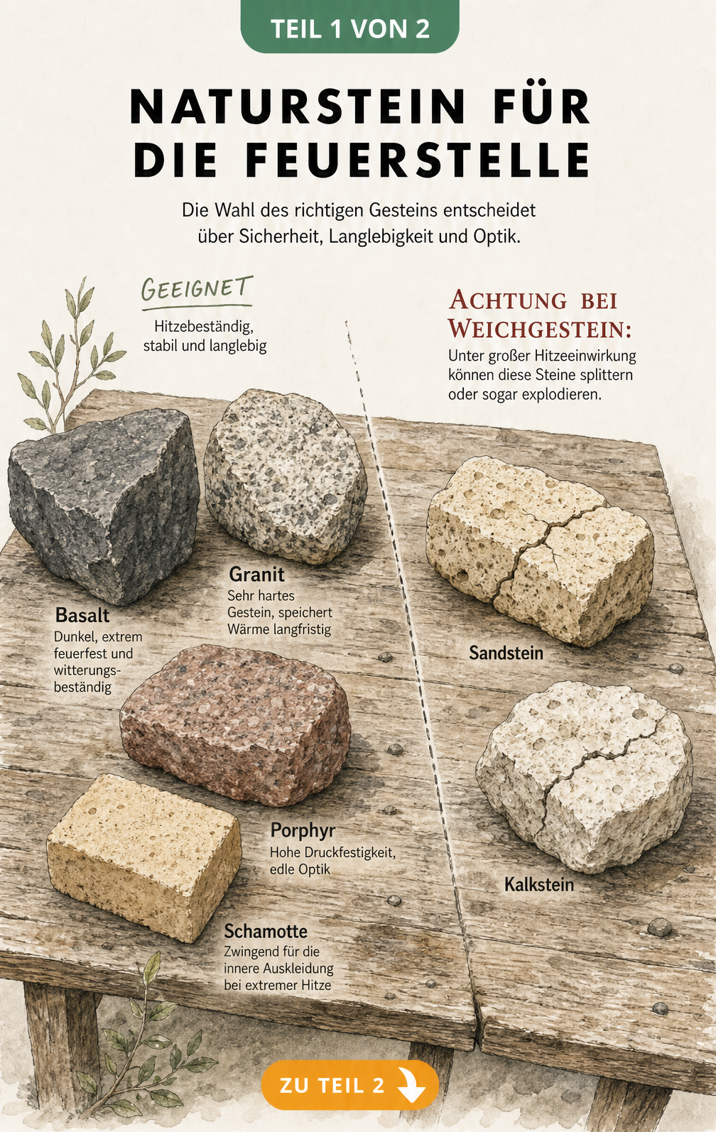 Handgezeichnete Illustration verschiedener Natursteine für eine Feuerstelle, unterteilt in hitzebeständige Hartgesteine wie Basalt und ungeeignete...