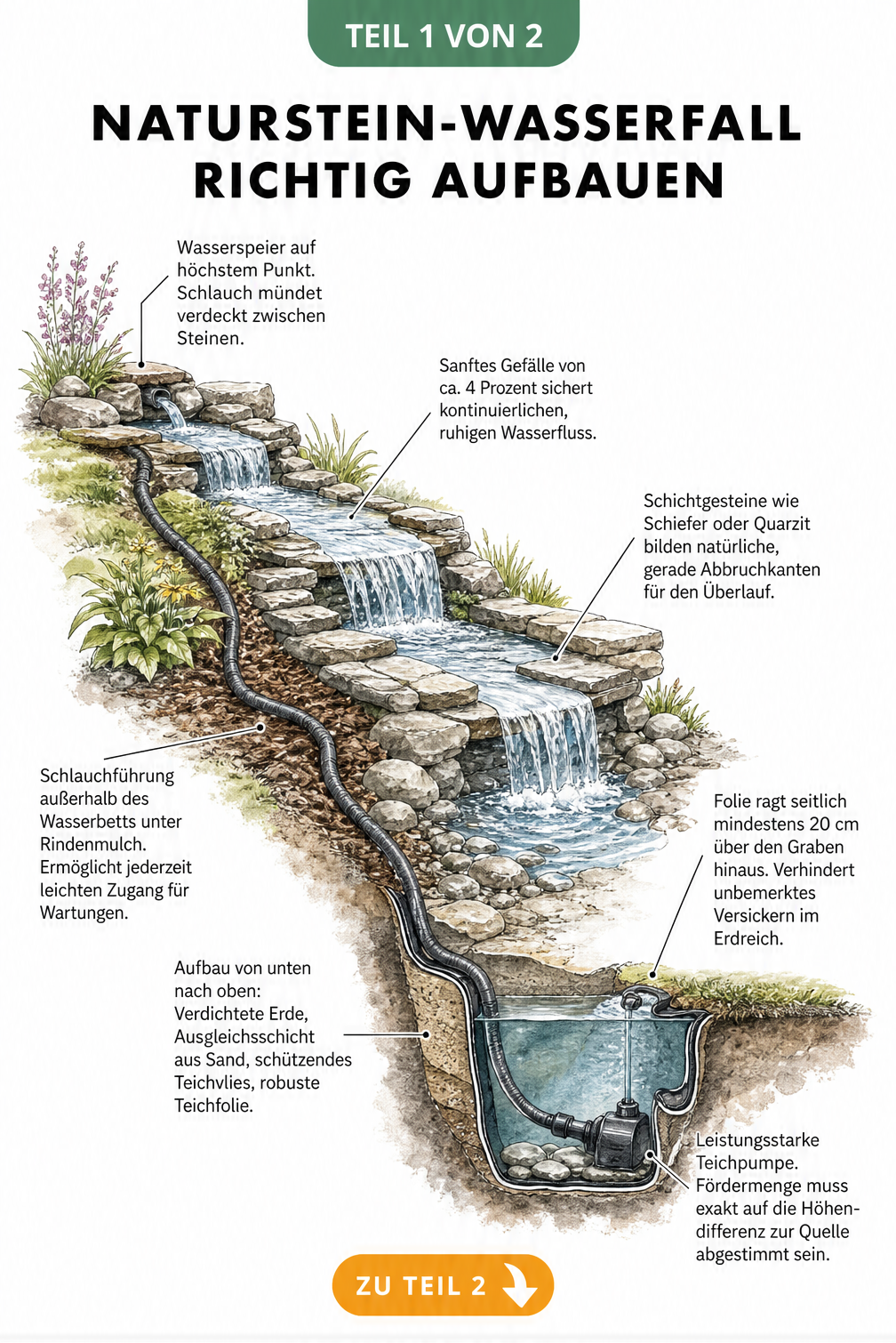 Querschnitt eines Naturstein-Wasserfalls mit Pumpe, Schlauchführung, Teichfolie und Steinstufen