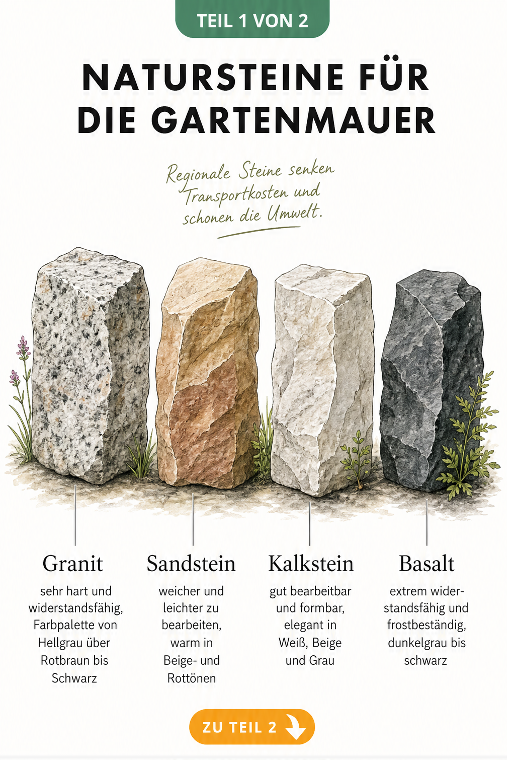Illustration von vier Natursteinen für Gartenmauern: Granit, Sandstein, Kalkstein und Basalt mit ihren Eigenschaften