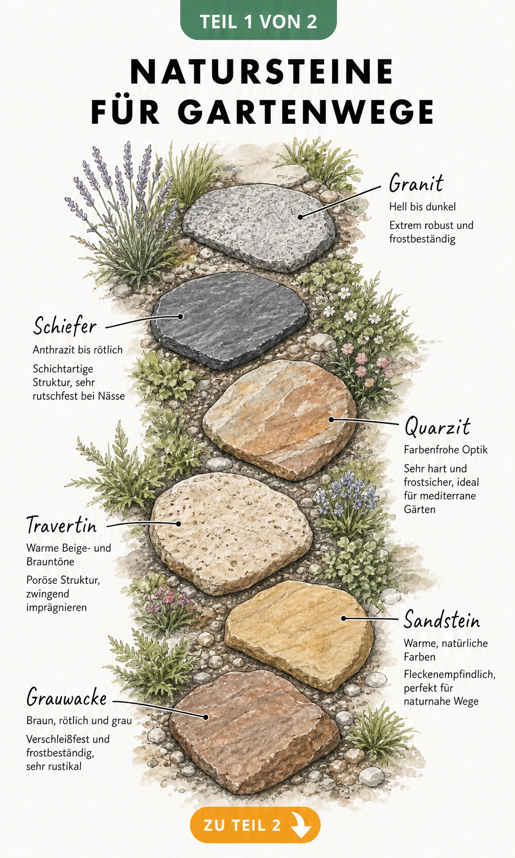Aufsicht auf einen Gartenweg aus verschiedenen Natursteinen wie Granit, Schiefer und Sandstein