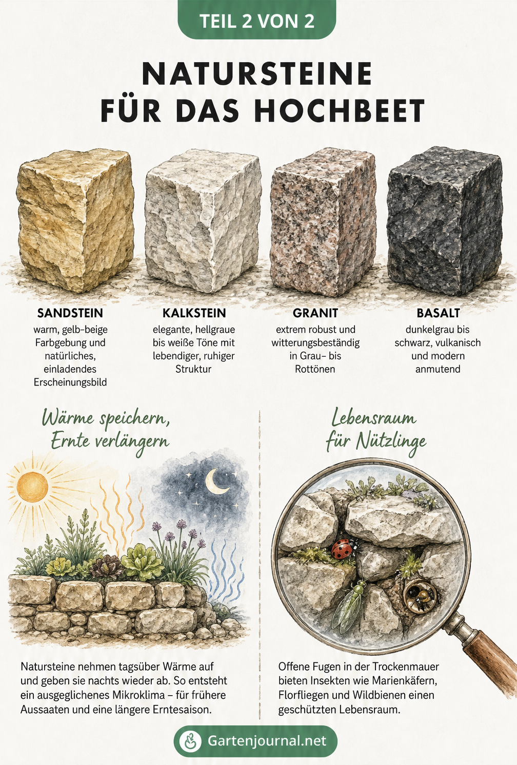 Illustration von vier Natursteinen für Hochbeete und deren Funktion als Wärmespeicher und Lebensraum