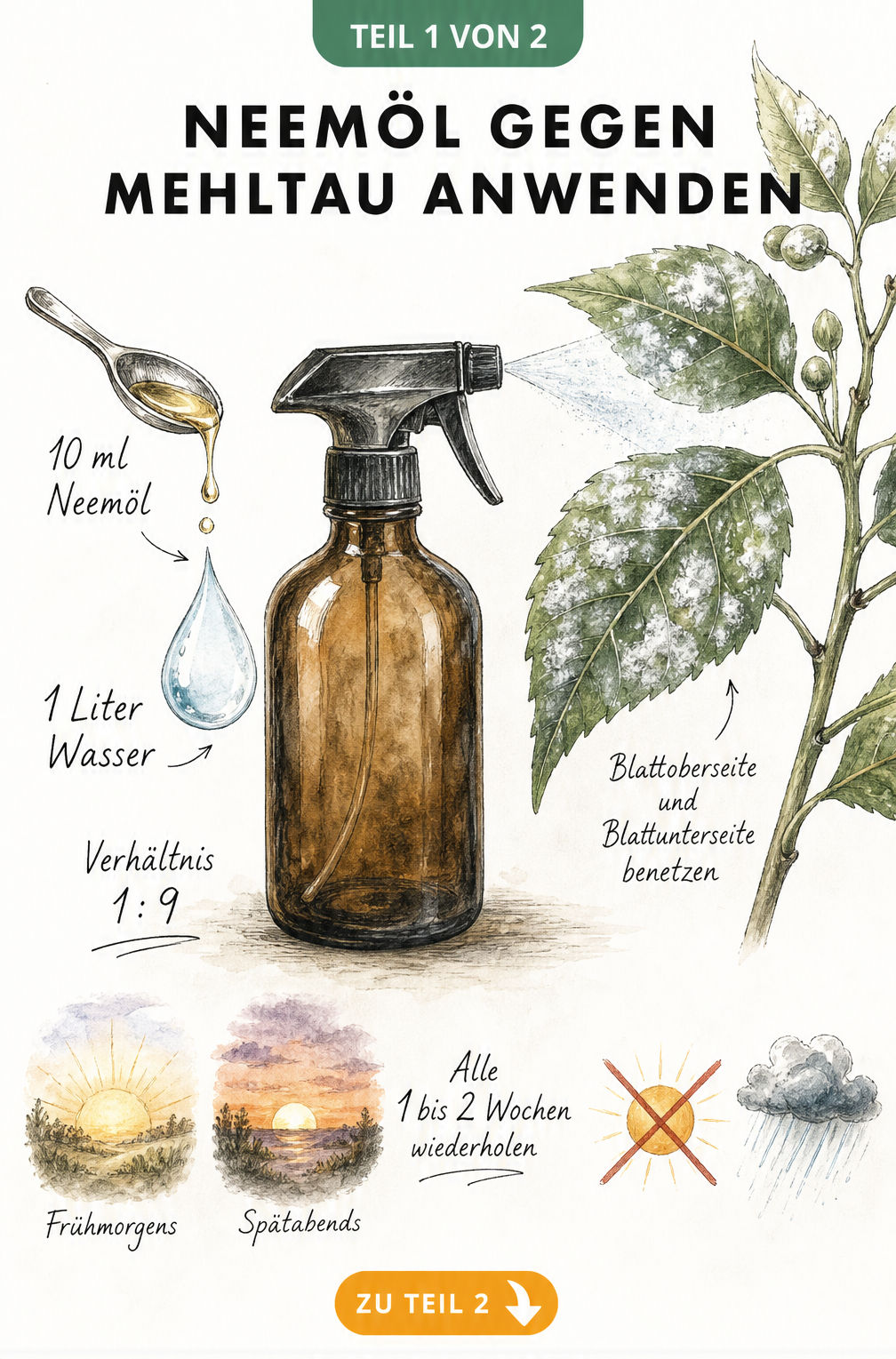 Illustration einer Sprühflasche mit Neemöl-Mischung und einem besprühten Pflanzenblatt