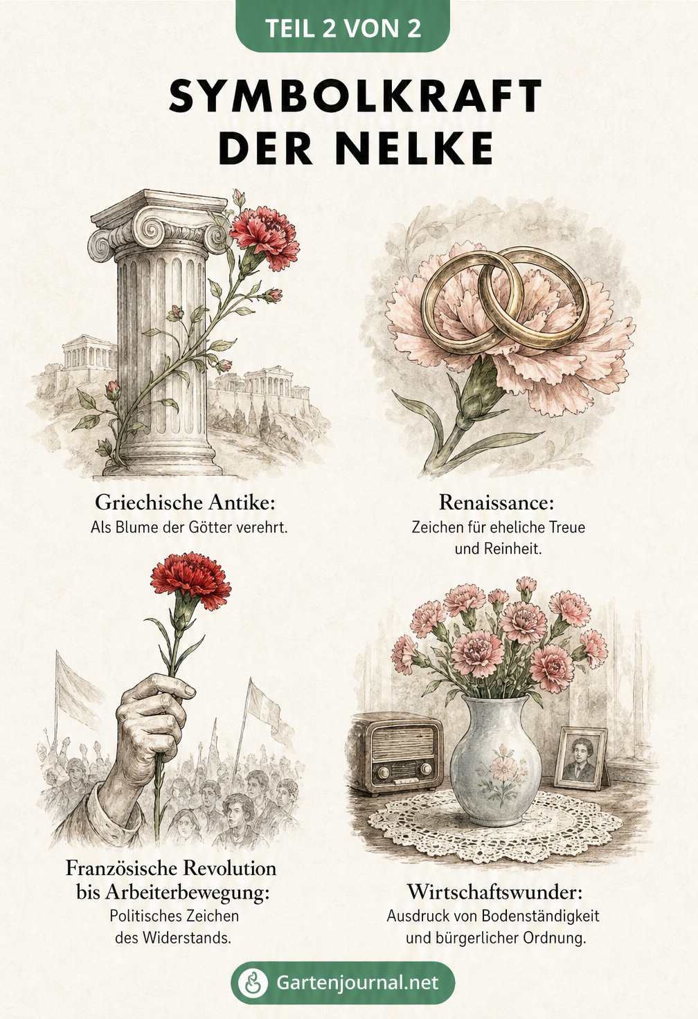Vier historische Vignetten zeigen die symbolische Bedeutung der Nelke von der Antike bis zum Wirtschaftswunder