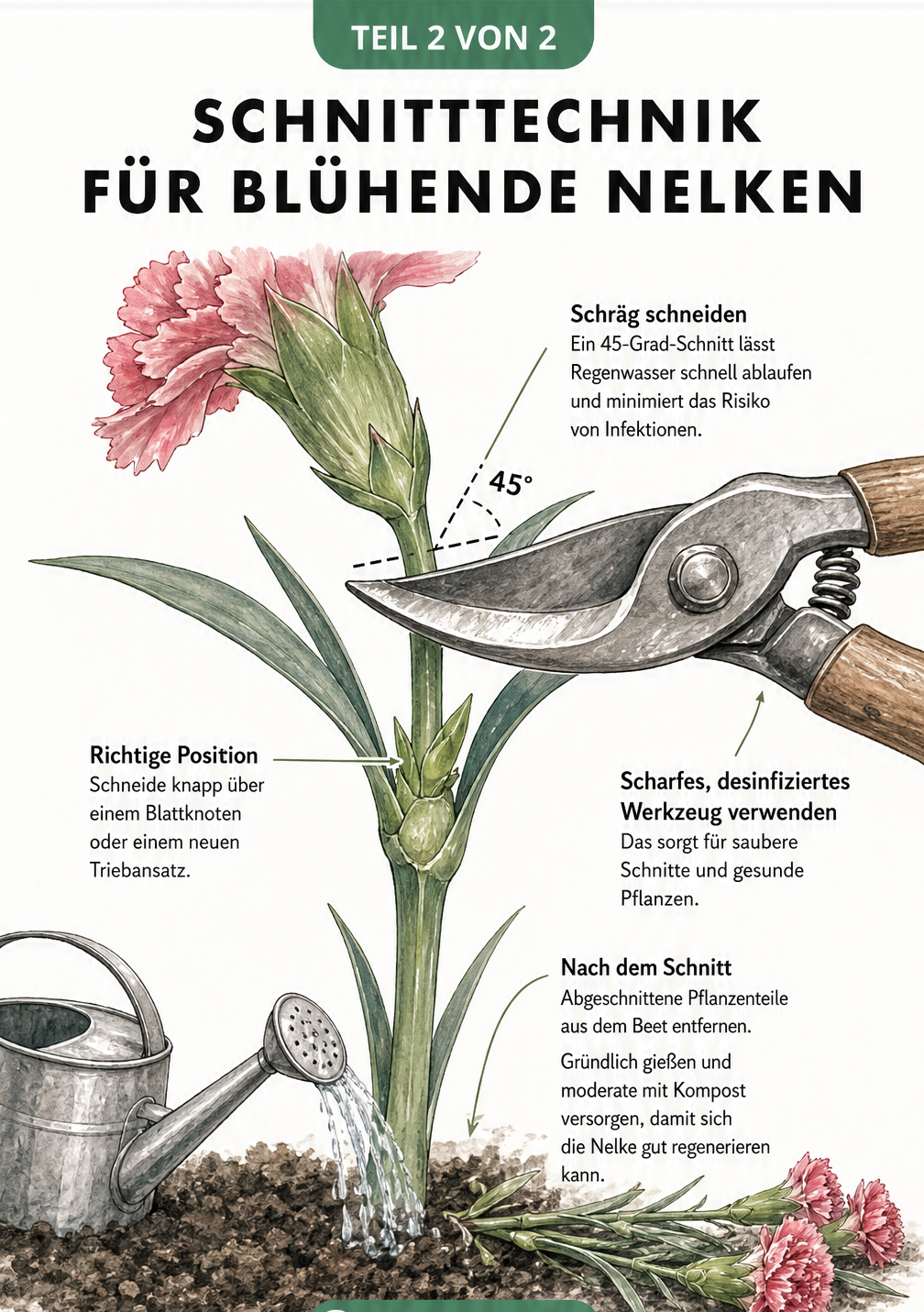 Detailansicht eines Nelkenstängels, der mit einer Gartenschere im 45-Grad-Winkel über einem Blattknoten abgeschnitten wird