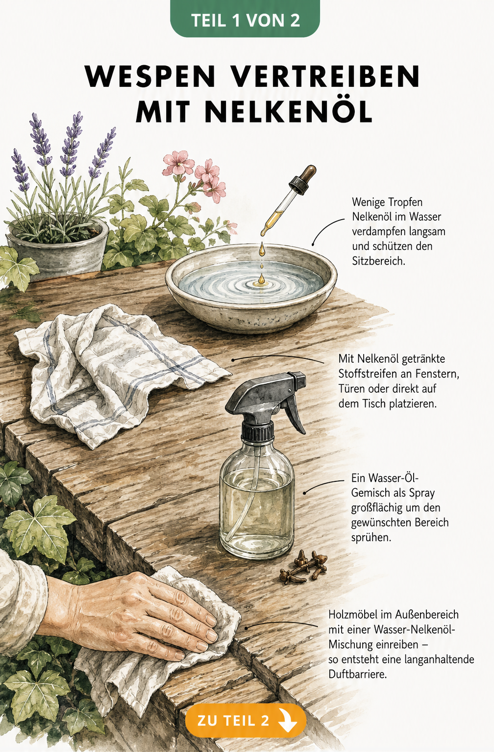 Illustration eines Gartentisches mit verschiedenen Anwendungen von Nelkenöl zur Wespenabwehr, wie Duftschale, getränktes Tuch und Spray.