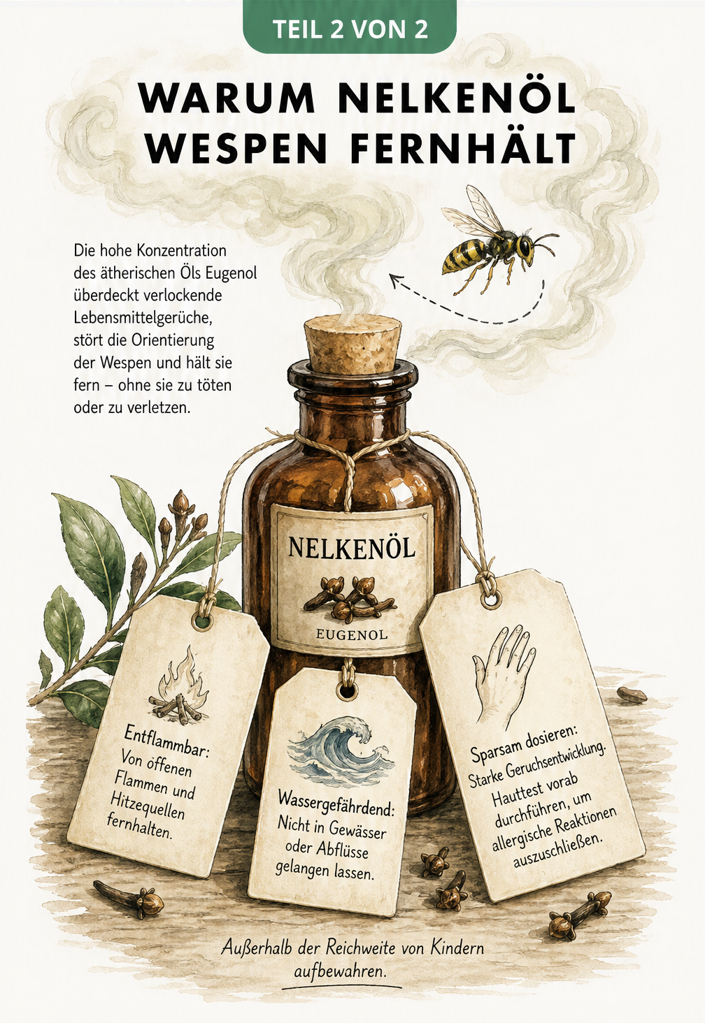 Zeichnung einer Apothekerflasche mit Nelkenöl, aus der eine Duftwolke aufsteigt, die eine Wespe abwehrt, inklusive Warnhinweisen.