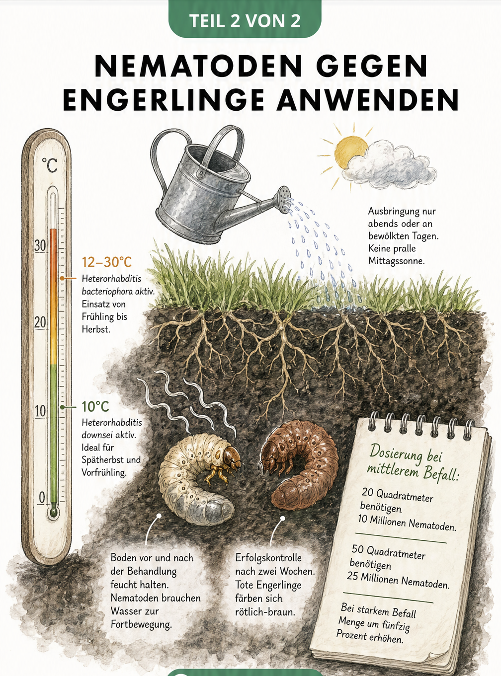 Querschnitt durch Rasen und Erdreich zeigt die Anwendung von Nematoden gegen Engerlinge mit Gießkanne und Bodenthermometer