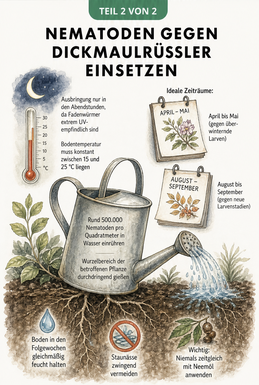 Botanische Rezeptkarte zur Anwendung von Nematoden gegen den Dickmaulrüssler mit Gießkanne und Anleitung