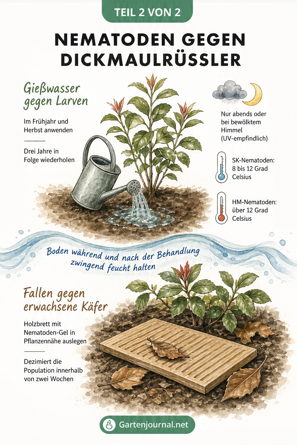 Skizze zur biologischen Bekämpfung des Dickmaulrüsslers mit Nematoden im Gießwasser und speziellen Fallen