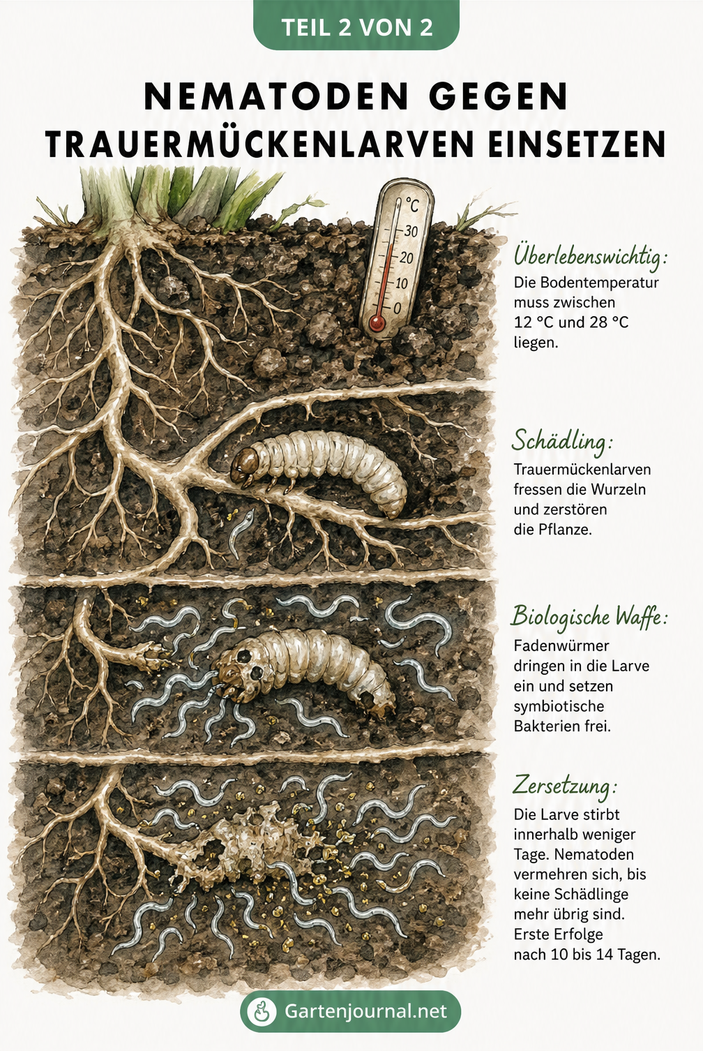 Querschnitt durch die Blumenerde zeigt, wie Nematoden Trauermückenlarven an den Wurzeln bekämpfen