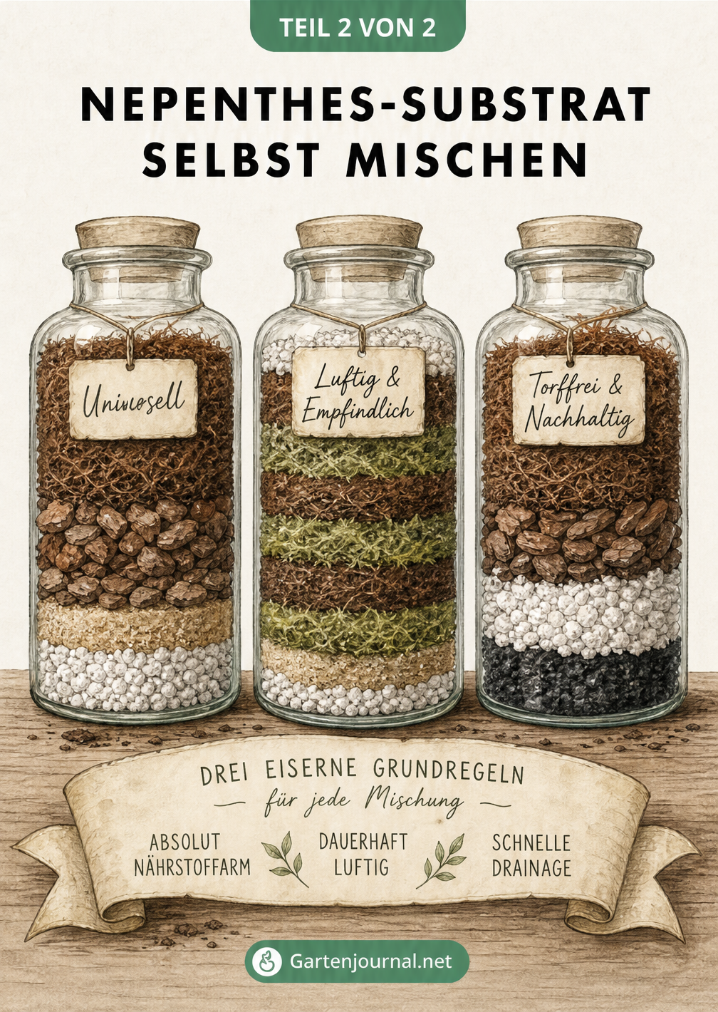 Drei Apothekergläser mit verschiedenen Substrat-Mischungen für Nepenthes: Universell, Luftig & Empfindlich sowie Torffrei & Nachhaltig