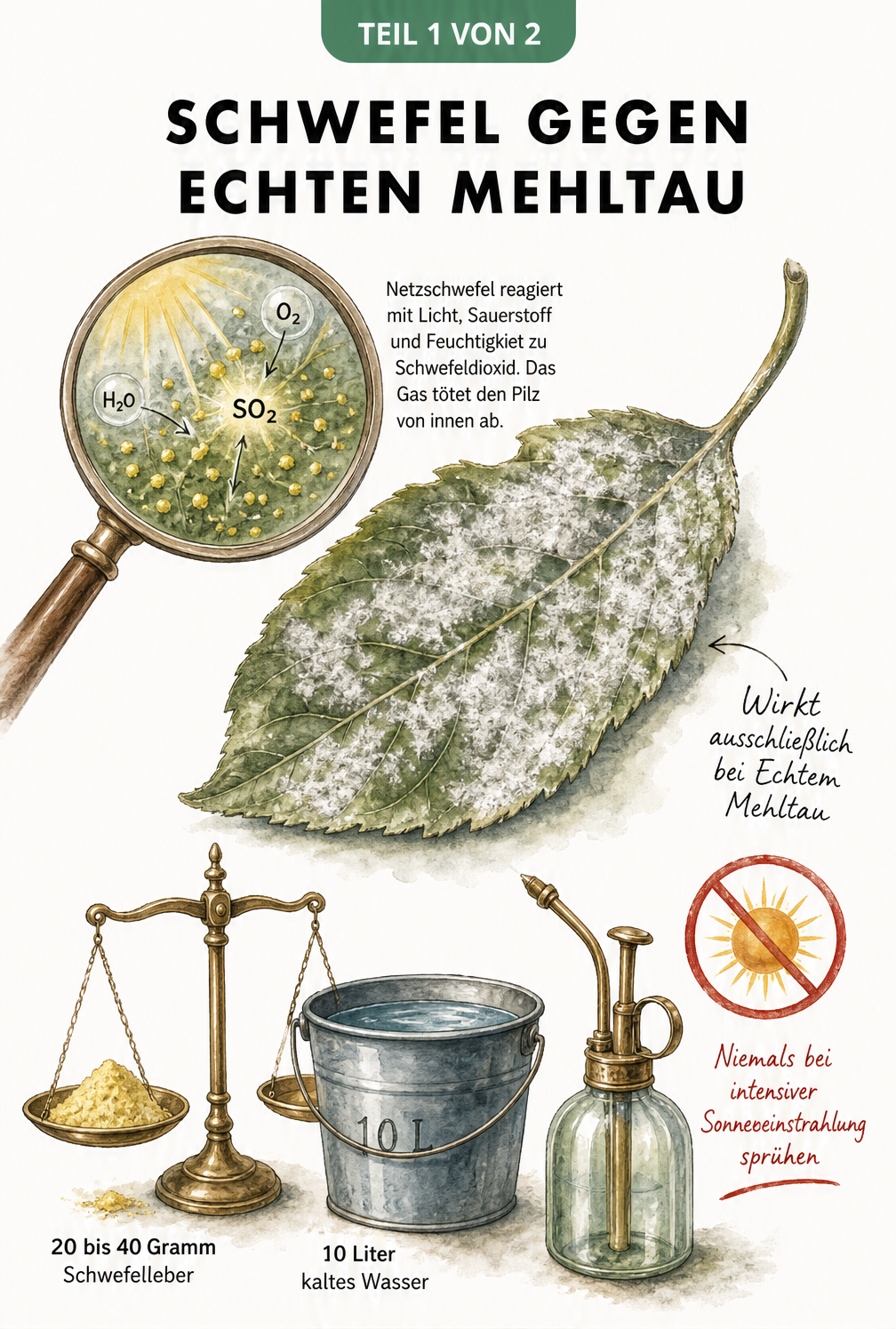 Botanische Lehrtafel zeigt die Wirkung von Netzschwefel gegen echten Mehltau auf einem Blatt
