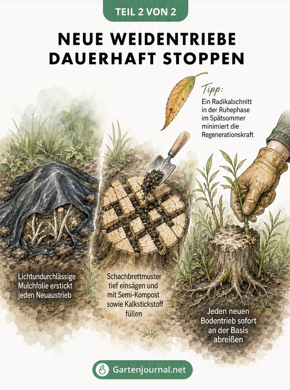 Drei Methoden gegen neue Weidentriebe: Mulchfolie, Schachbrettmuster mit Kompost und mechanisches Abreißen