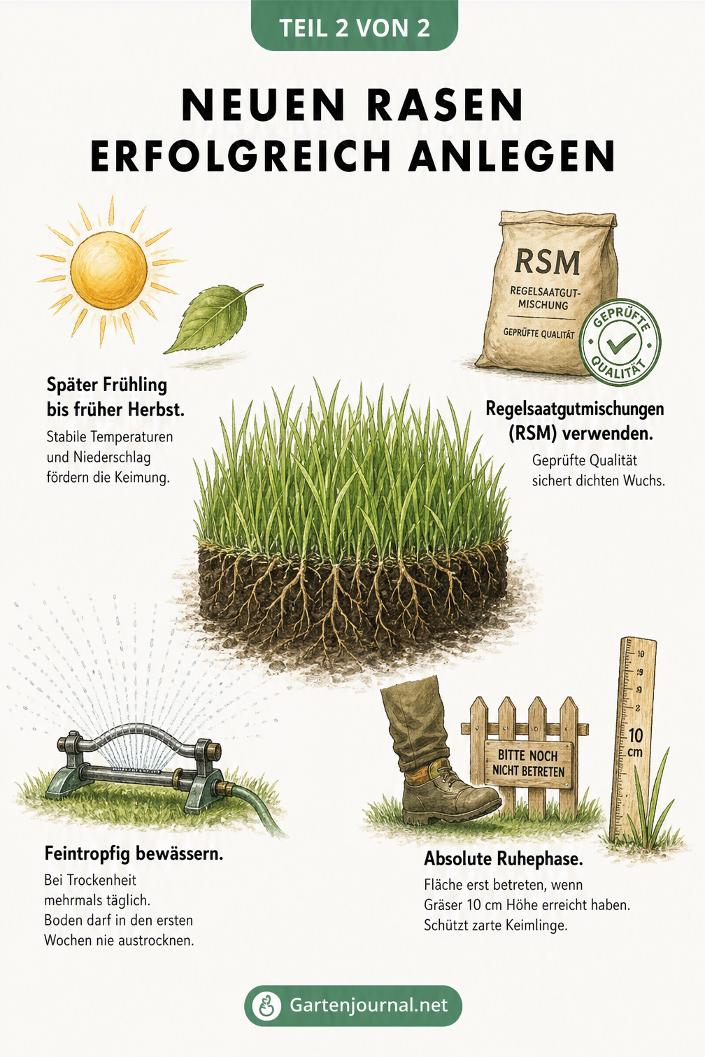 Illustration eines perfekten Rasens im Querschnitt mit Tipps zu Aussaatzeitpunkt, Saatgutqualität, Bewässerung und Ruhephase