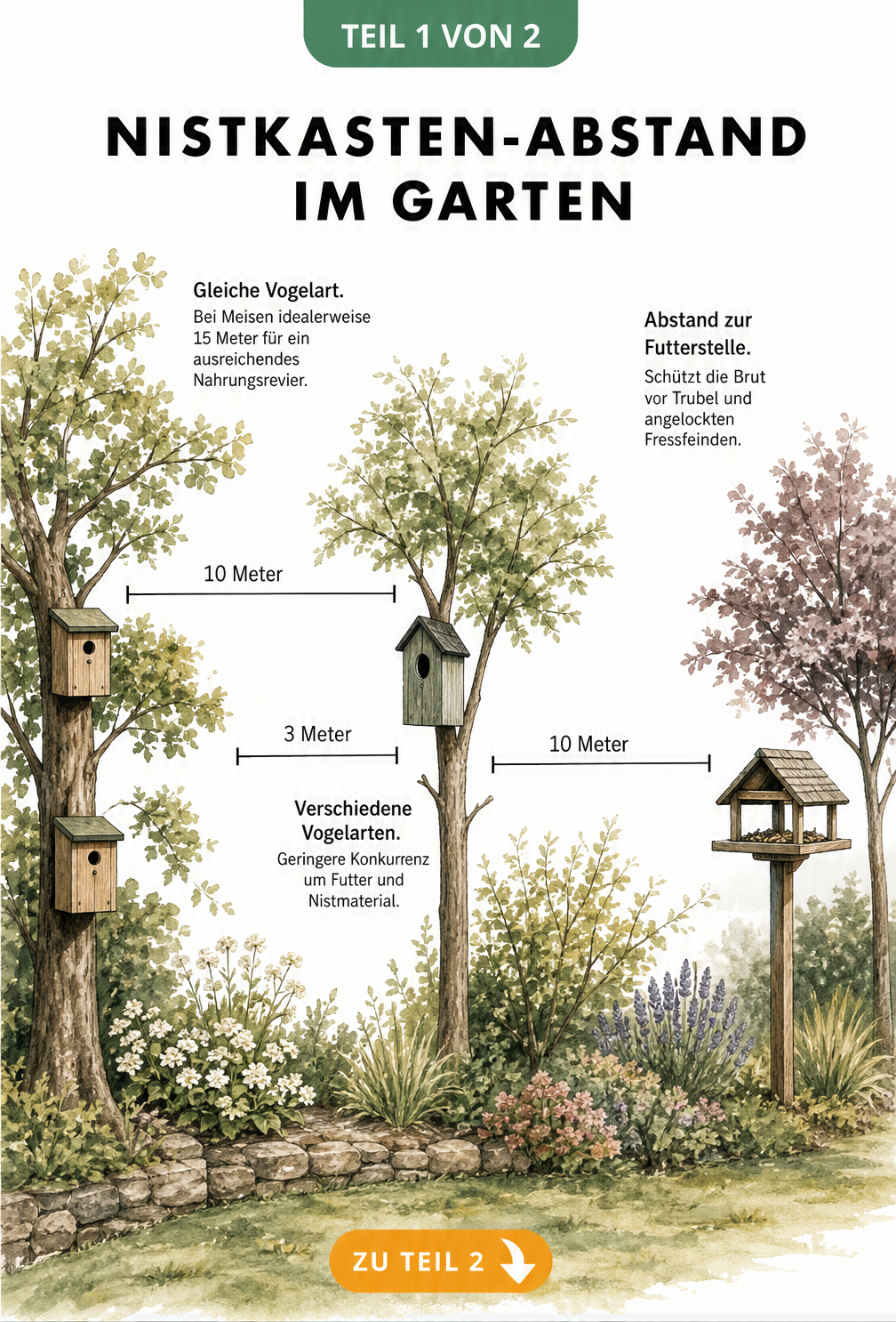Illustration von drei Bäumen mit Nistkästen und Futterhaus, die die idealen Abstände für gleiche und verschiedene Vogelarten sowie zur Futterstelle zeigt.