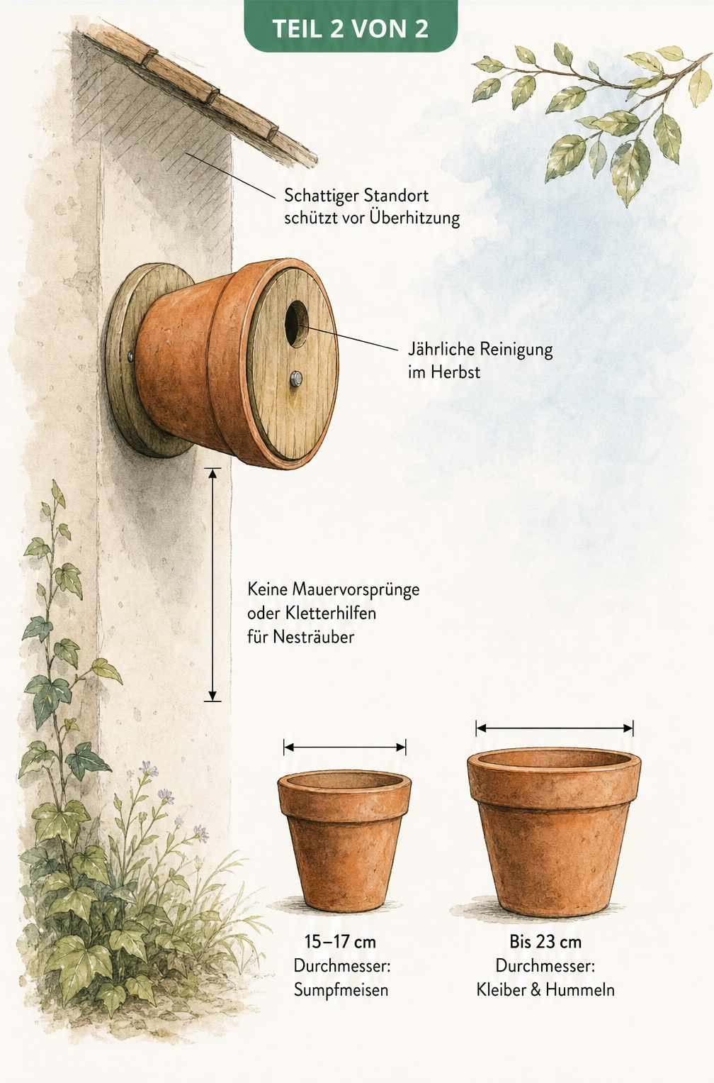 Illustration zur sicheren Aufhängung eines Blumentopf-Nistkastens an einer Hauswand mit Größenvergleich für Vogelarten