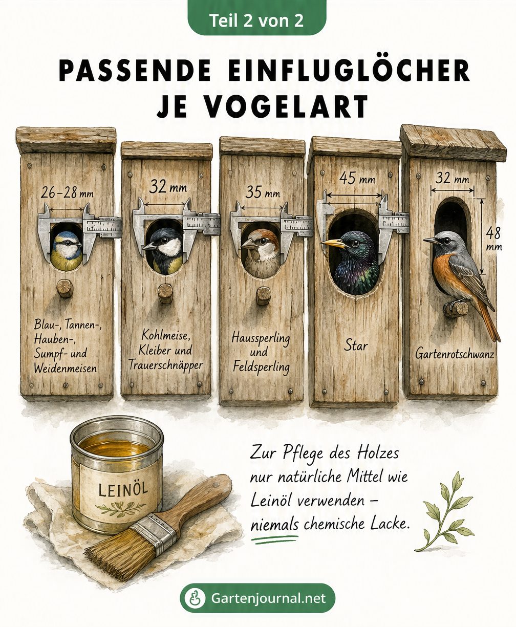 Zeichnung von fünf Nistkasten-Fronten mit unterschiedlichen Einfluglöchern und den passenden Vogelarten wie Meise, Star und Sperling