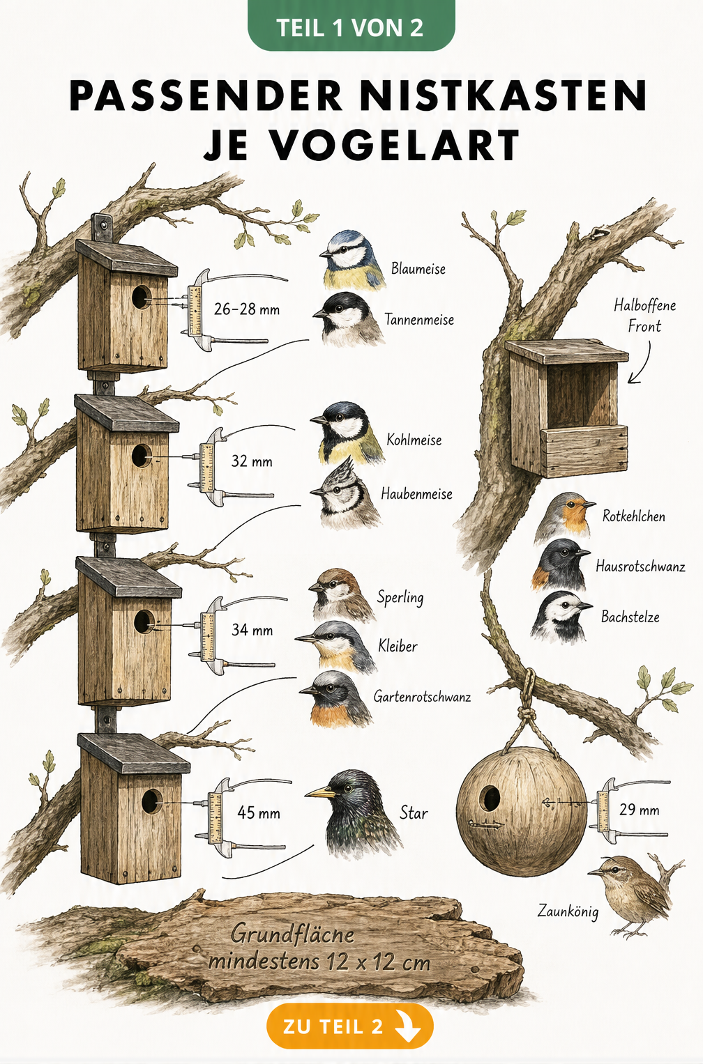 Illustration verschiedener Nistkästen mit Einflugloch-Größen für Meisen, Sperlinge, Stare und Zaunkönige
