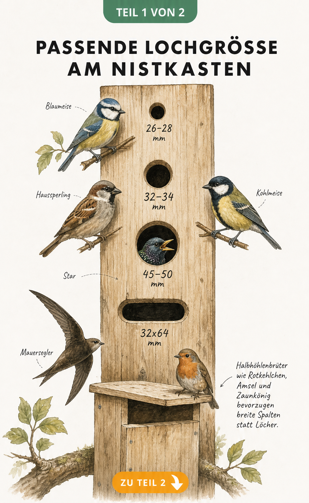 Illustration verschiedener Lochgrößen für Nistkästen mit den passenden Vogelarten wie Blaumeise, Star und Mauersegler
