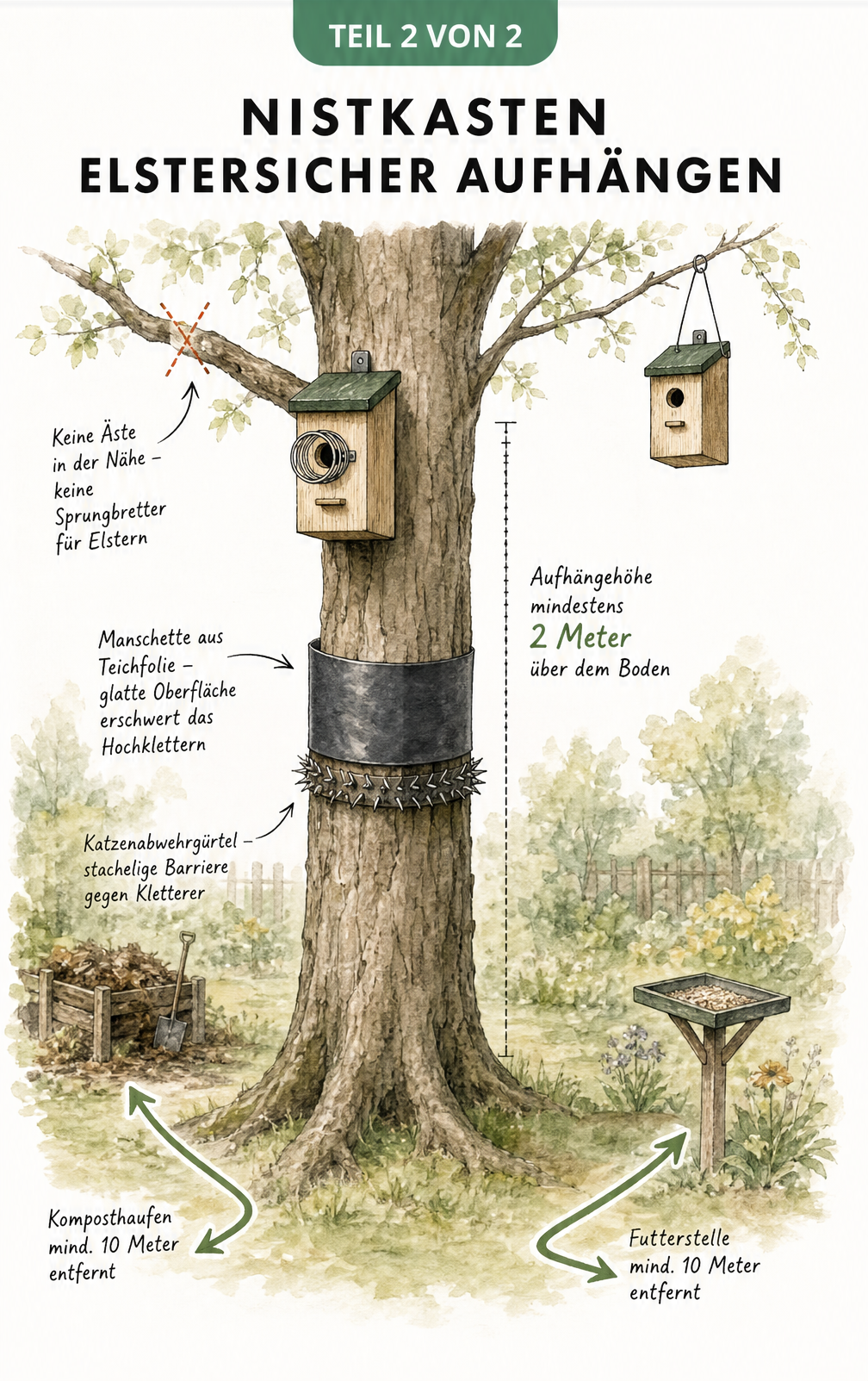 Illustration eines Gartens mit Nistkasten am Baumstamm, geschützt durch Teichfolie und Katzenabwehrgürtel
