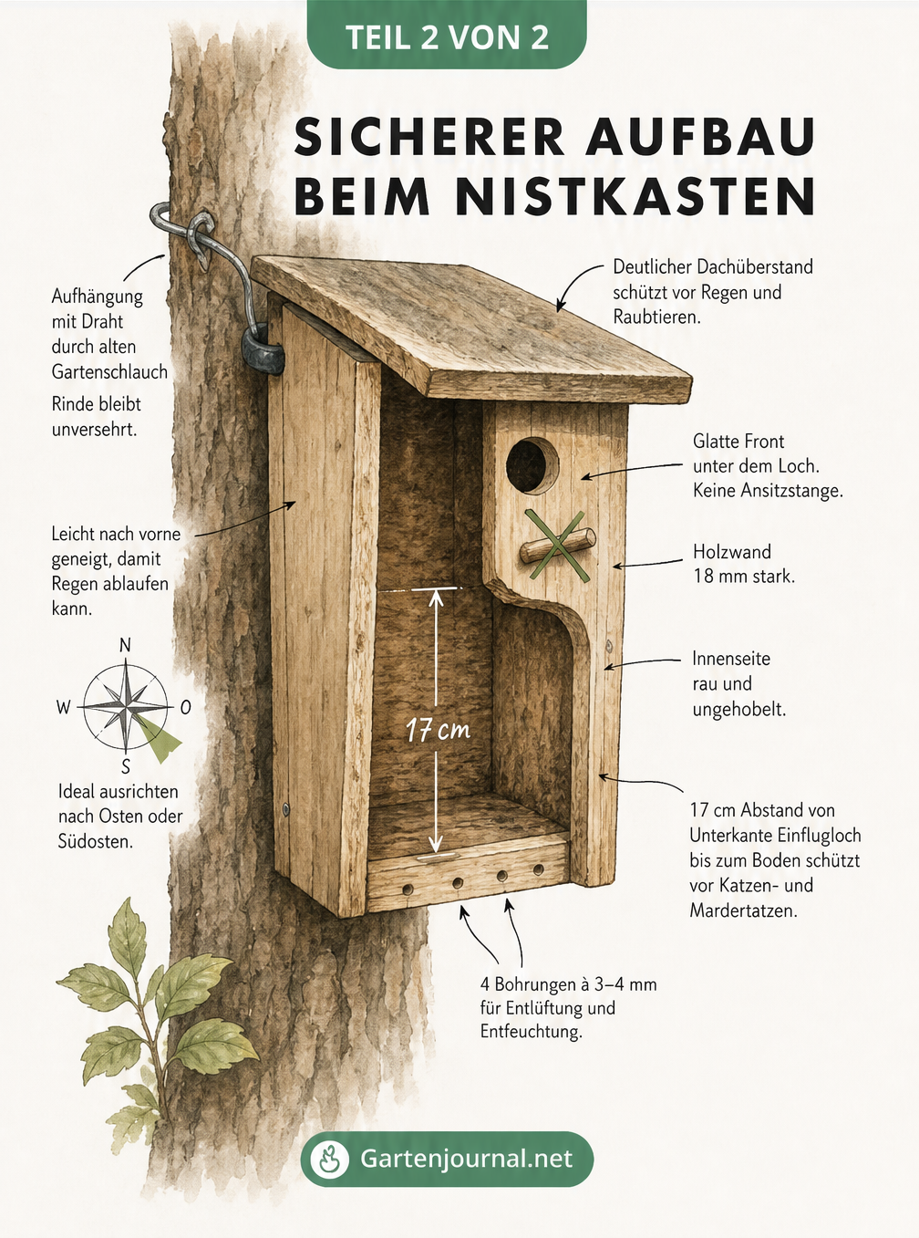 Querschnitt eines Nistkastens mit baulichen Details wie Dachüberstand, Abstand zum Boden und Entlüftungslöchern