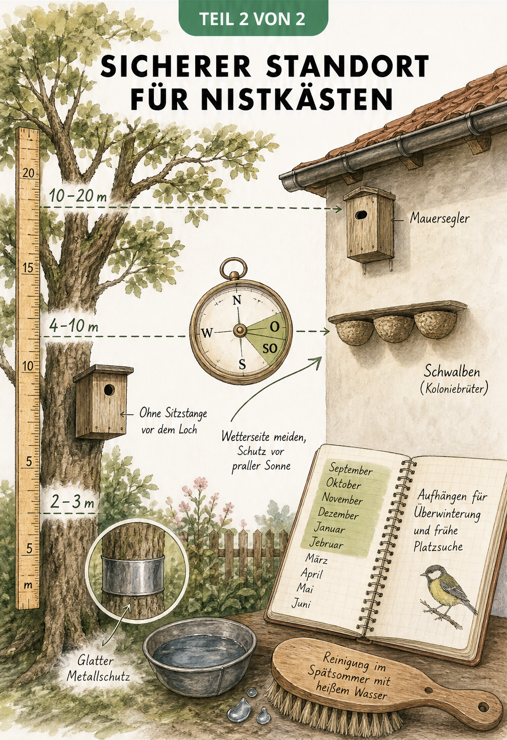 Illustration zur richtigen Anbringungshöhe und Ausrichtung von Nistkästen an Baum und Hausfassade