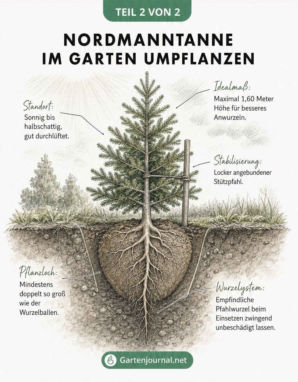 Botanischer Querschnitt einer eingepflanzten Nordmanntanne im Garten mit Details zu Pflanzloch, Wurzelwerk und Stabilisierung.
