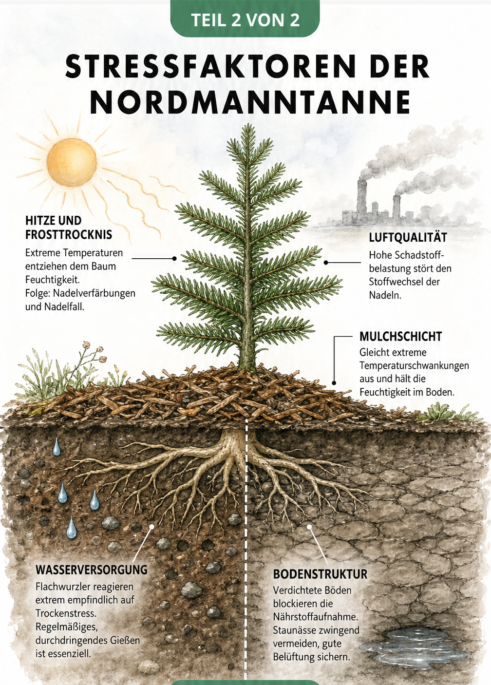 Querschnitt-Illustration einer jungen Nordmanntanne, die Stressfaktoren wie Hitze, Luftqualität, fehlende Mulchschicht, Wasserversorgung und Bodenstruktur zeigt