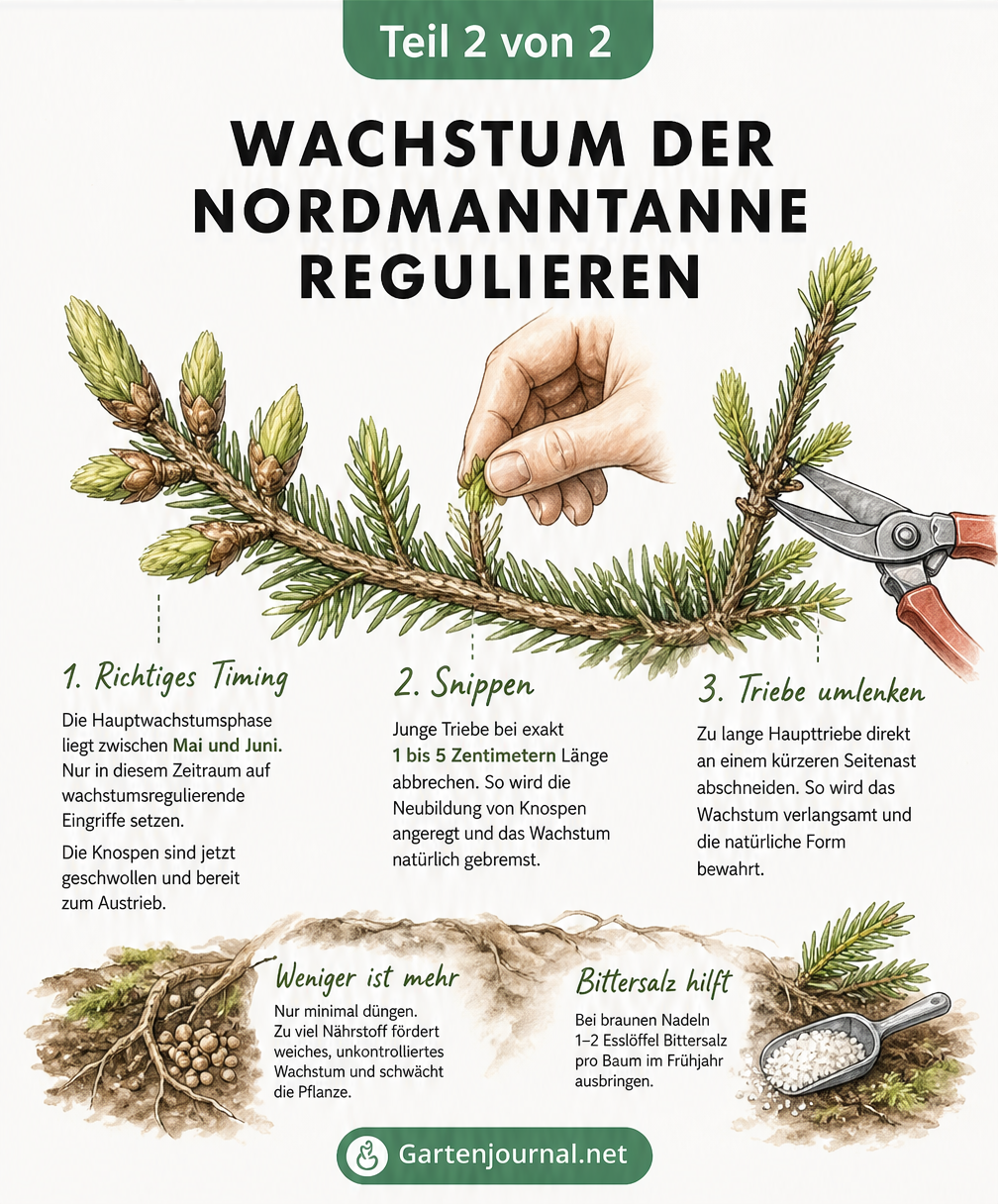 Aquarell-Illustration eines Tannenzweigs, die den richtigen Zeitpunkt, das Snippen junger Triebe und das Umleiten von Ästen bei der Nordmanntanne zeigt