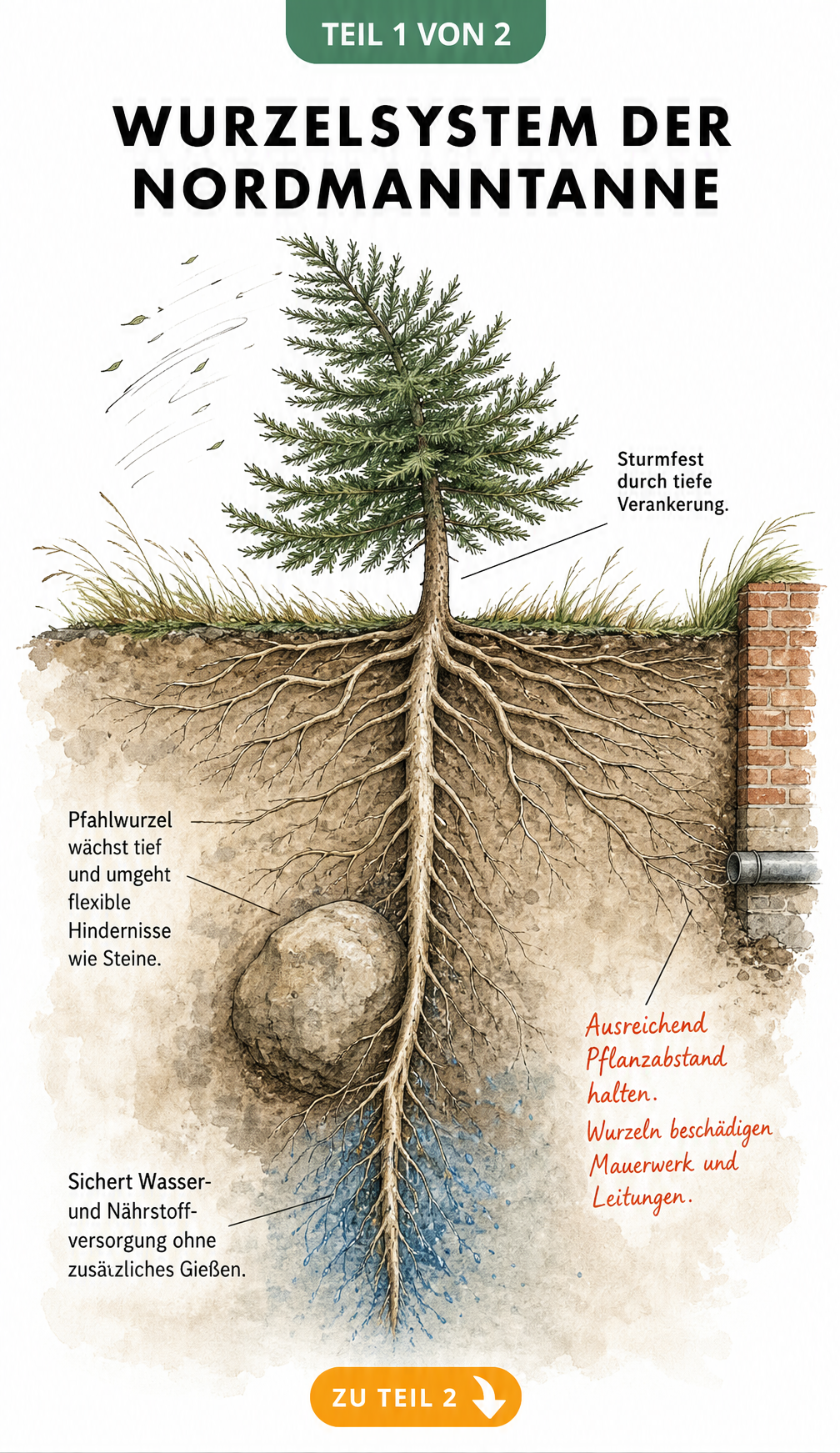 Botanische Schnittdarstellung des Wurzelsystems einer Nordmanntanne mit tiefer Pfahlwurzel und Seitenwurzeln