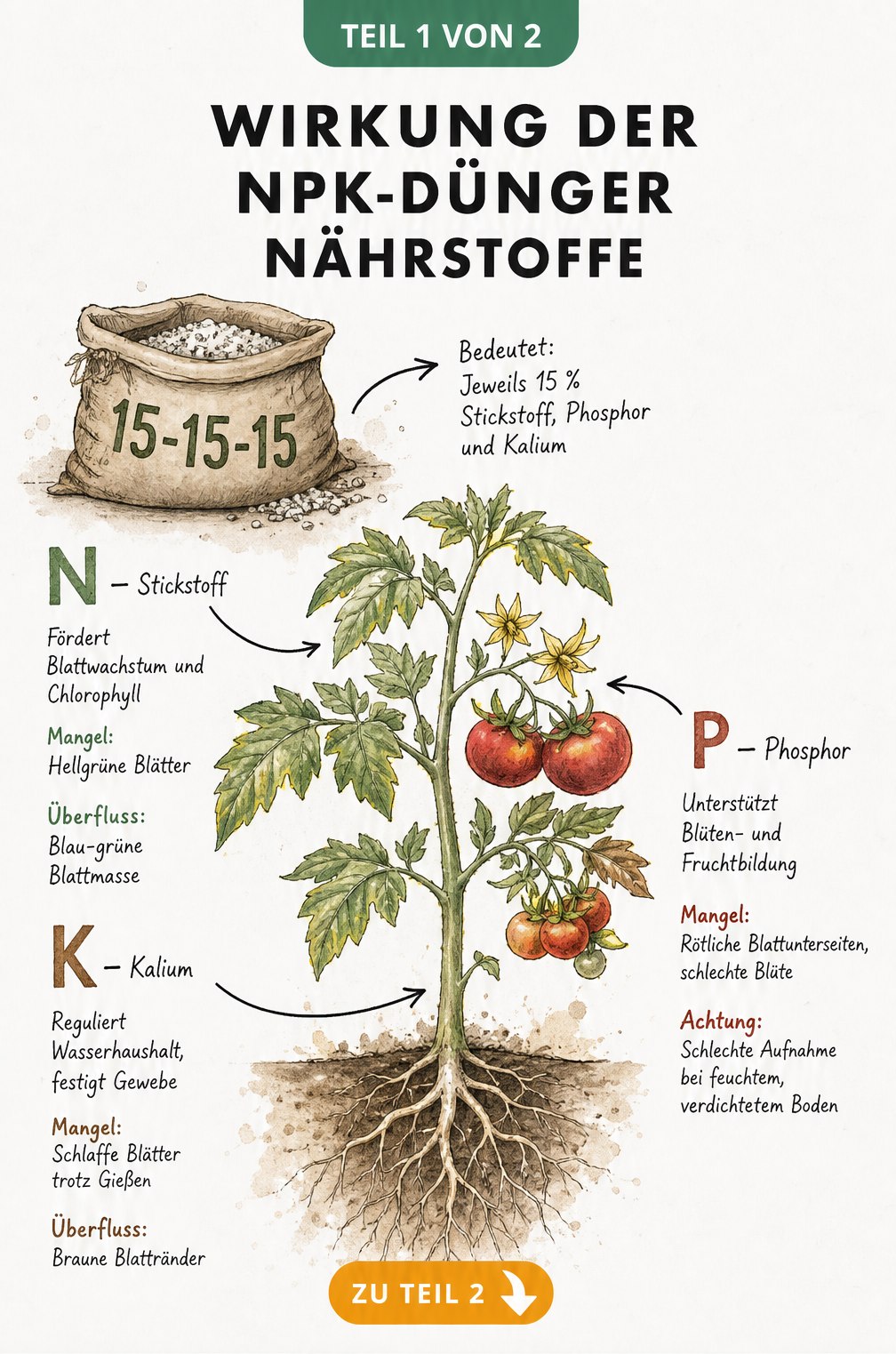 Botanische Skizze einer Gemüsepflanze, die die Wirkung von Stickstoff, Phosphor und Kalium auf Blätter, Blüten und Stängel zeigt