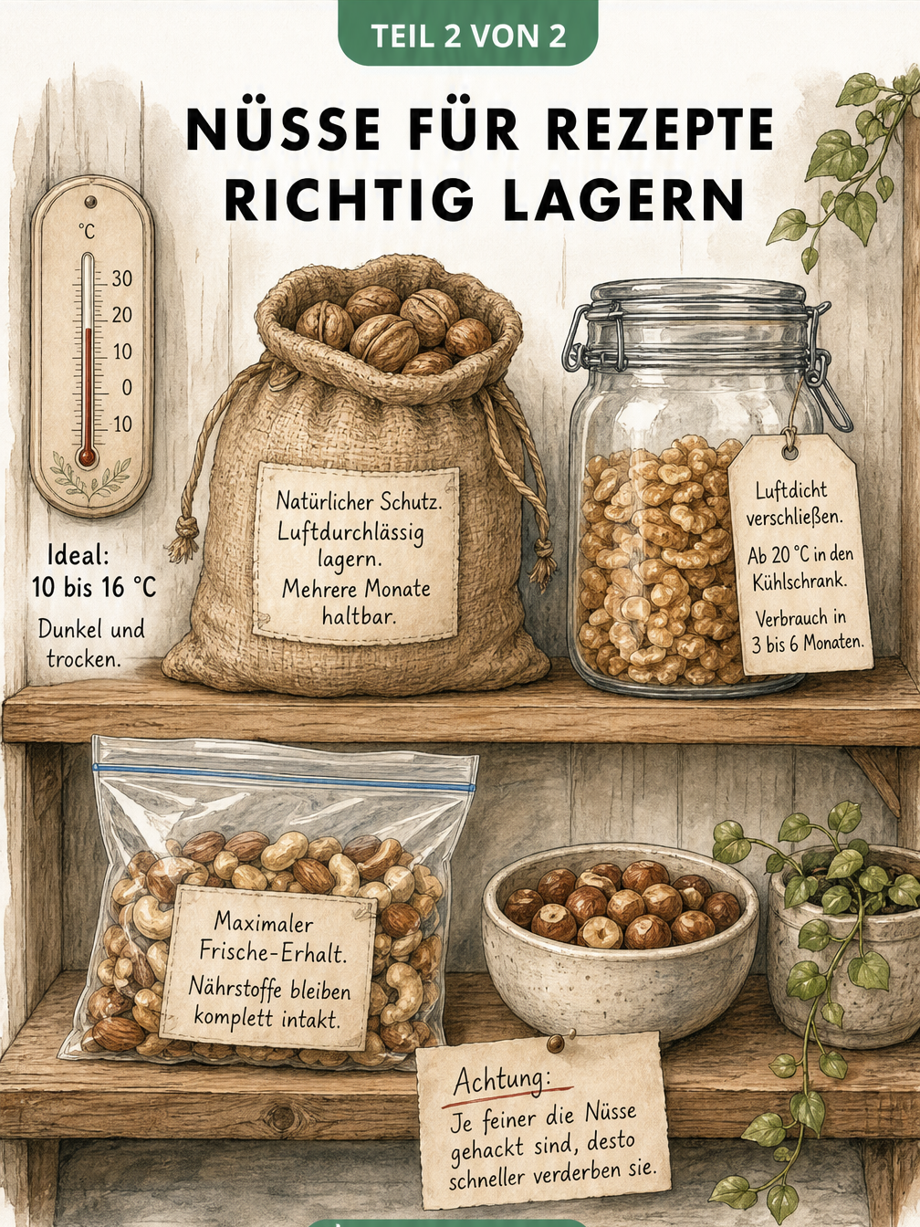 Illustration einer Vorratskammer mit Tipps zur Lagerung von ungeschälten, geschälten und tiefgekühlten Nüssen