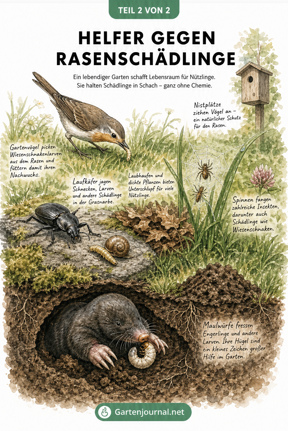 Illustration eines Gartens mit Maulwurf, Laufkäfer, Spinne und Vogel als natürliche Feinde von Rasenschädlingen