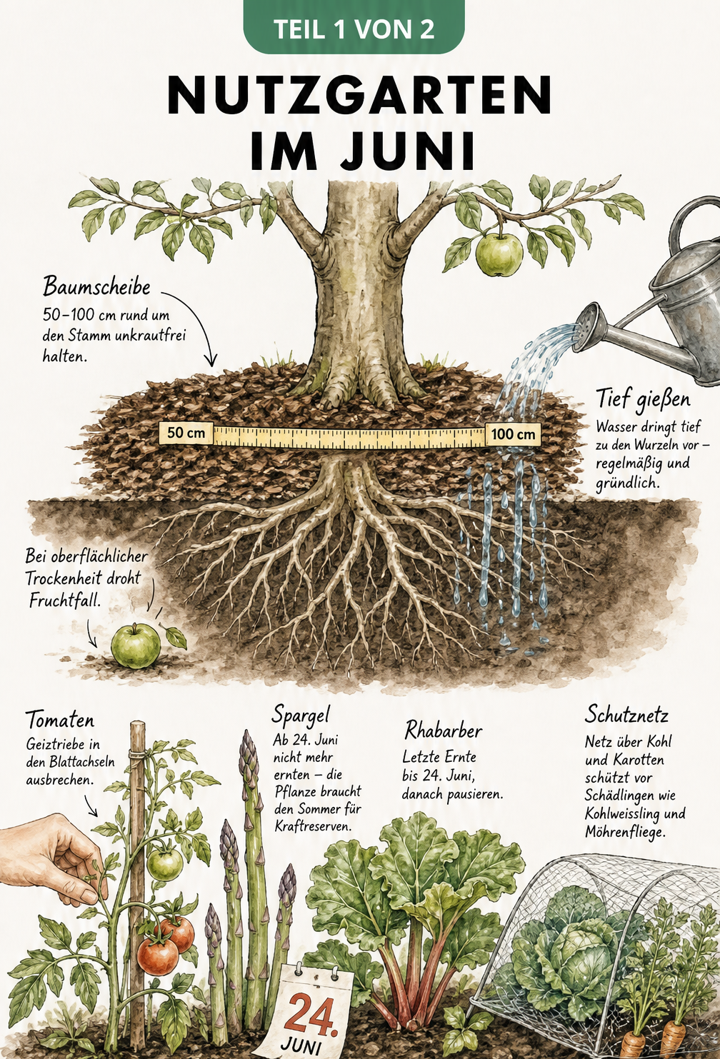 Illustration eines Obstbaumes mit bewässerter Baumscheibe und eines Gemüsebeets mit Tomaten, Spargel und Kohl