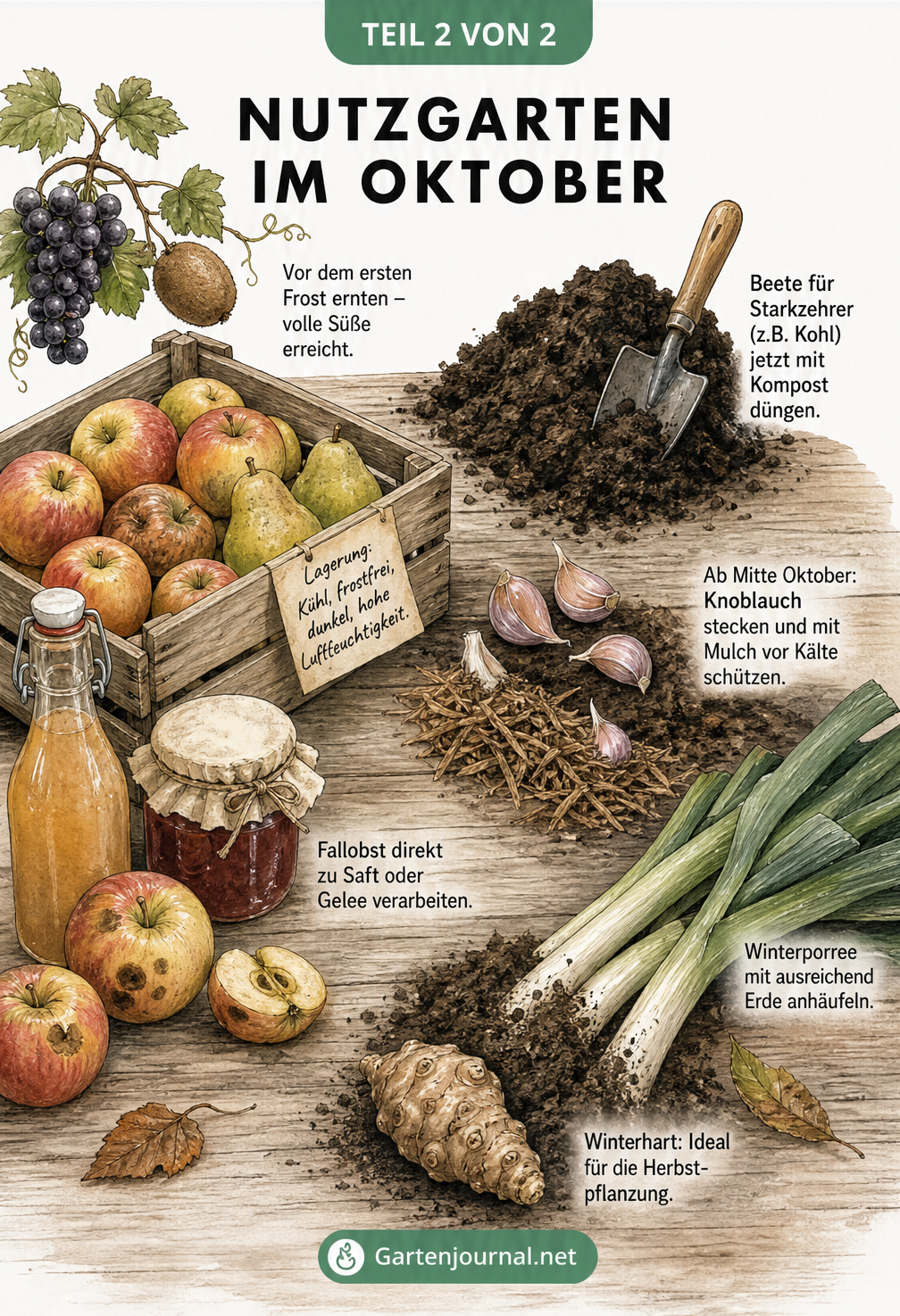 Illustration eines Pflanztisches mit Äpfeln, Birnen, Komposterde, Knoblauchzehen und Winterporree.
