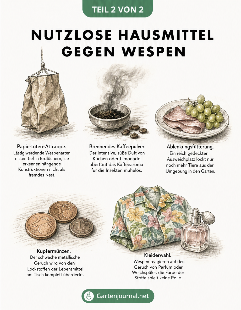 Historische Lehrtafel zeigt nutzlose Hausmittel gegen Wespen wie Papiertüten, brennendes Kaffeepulver und Kupfermünzen