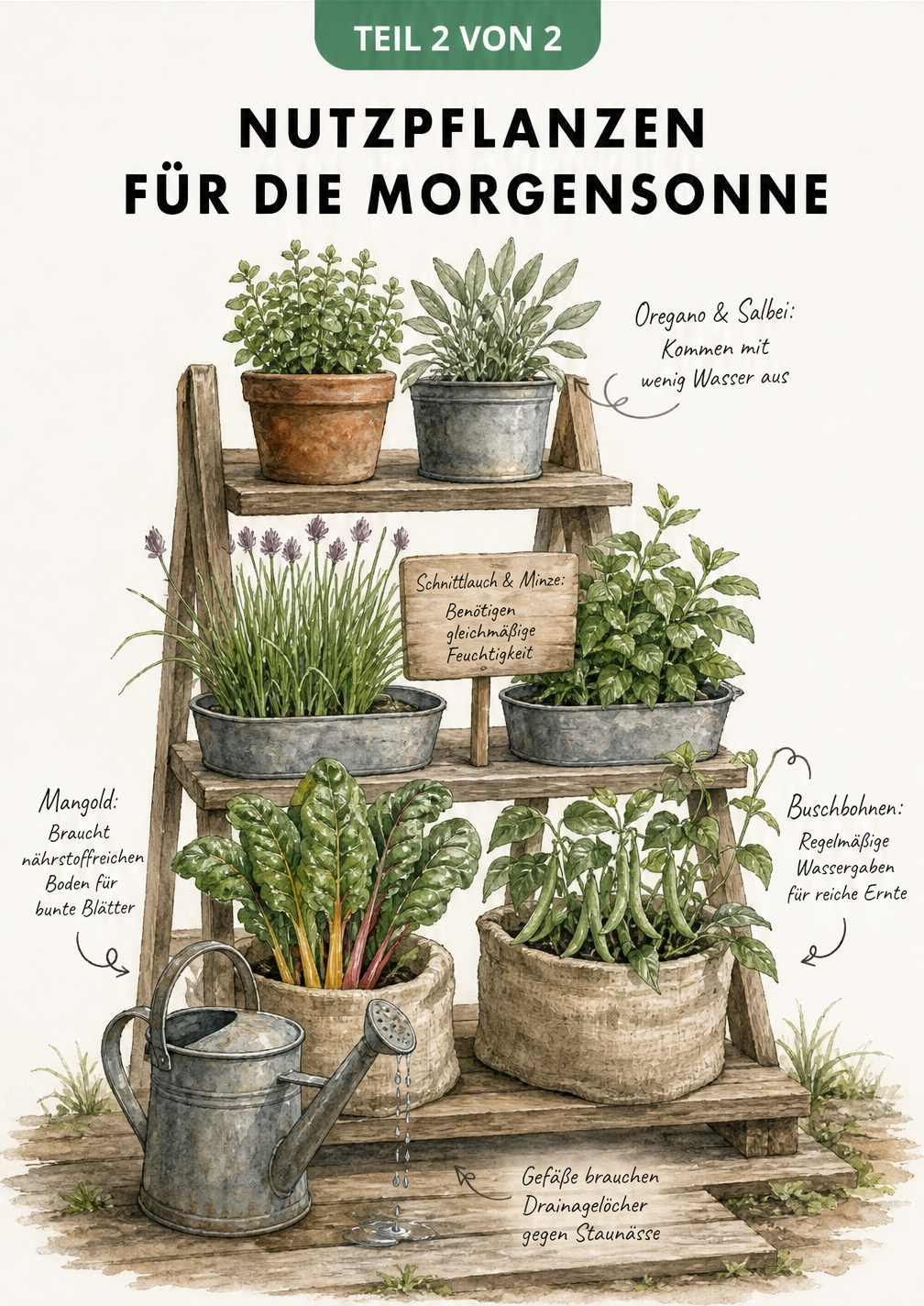 Illustration einer Pflanztreppe mit Kräutern und Gemüse wie Oregano, Salbei, Schnittlauch, Minze, Mangold und Buschbohnen
