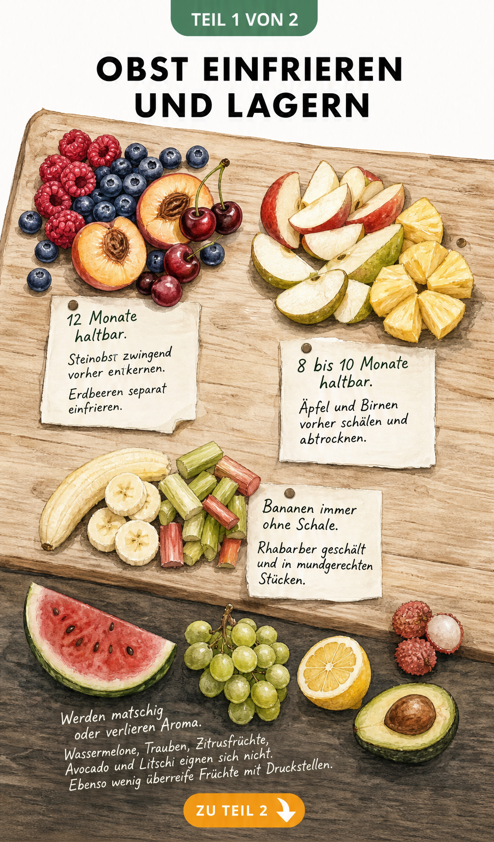 Illustration von Obst auf einem Holztisch mit Hinweisen zur Haltbarkeit und Eignung zum Einfrieren
