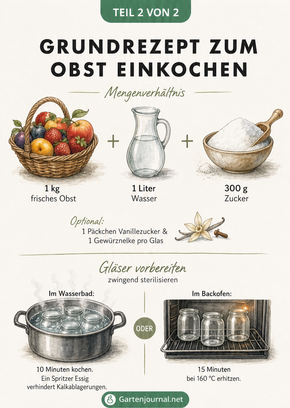 Gezeichnete Gleichung für das Grundrezept zum Obst einkochen und Methoden zur Sterilisation