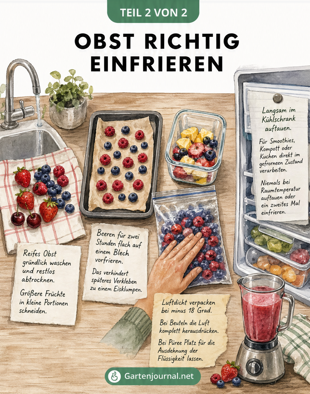 Aquarell-Illustration einer Küchenzeile, die den Prozess vom Waschen bis zum Einfrieren von Obst zeigt