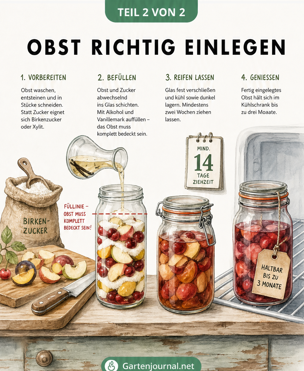 Vier illustrierte Arbeitsschritte zum richtigen Einlegen von Obst: Waschen und Zerkleinern, Befüllen mit Alkohol, zwei Wochen Reifezeit und Haltbarkeit